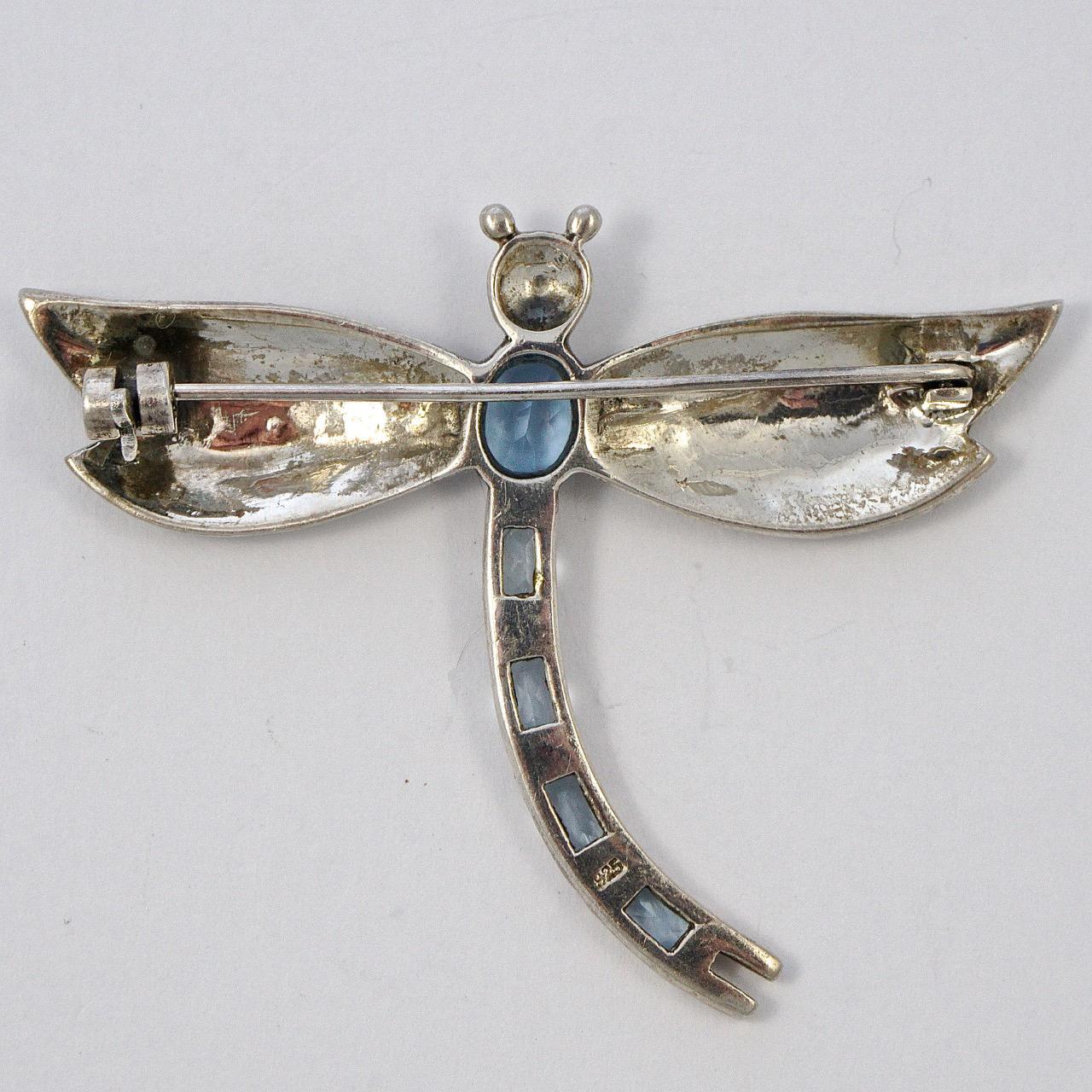 Women's or Men's Sterling Silver and Marcasite Dragonfly Brooch with Blue Glass Stones