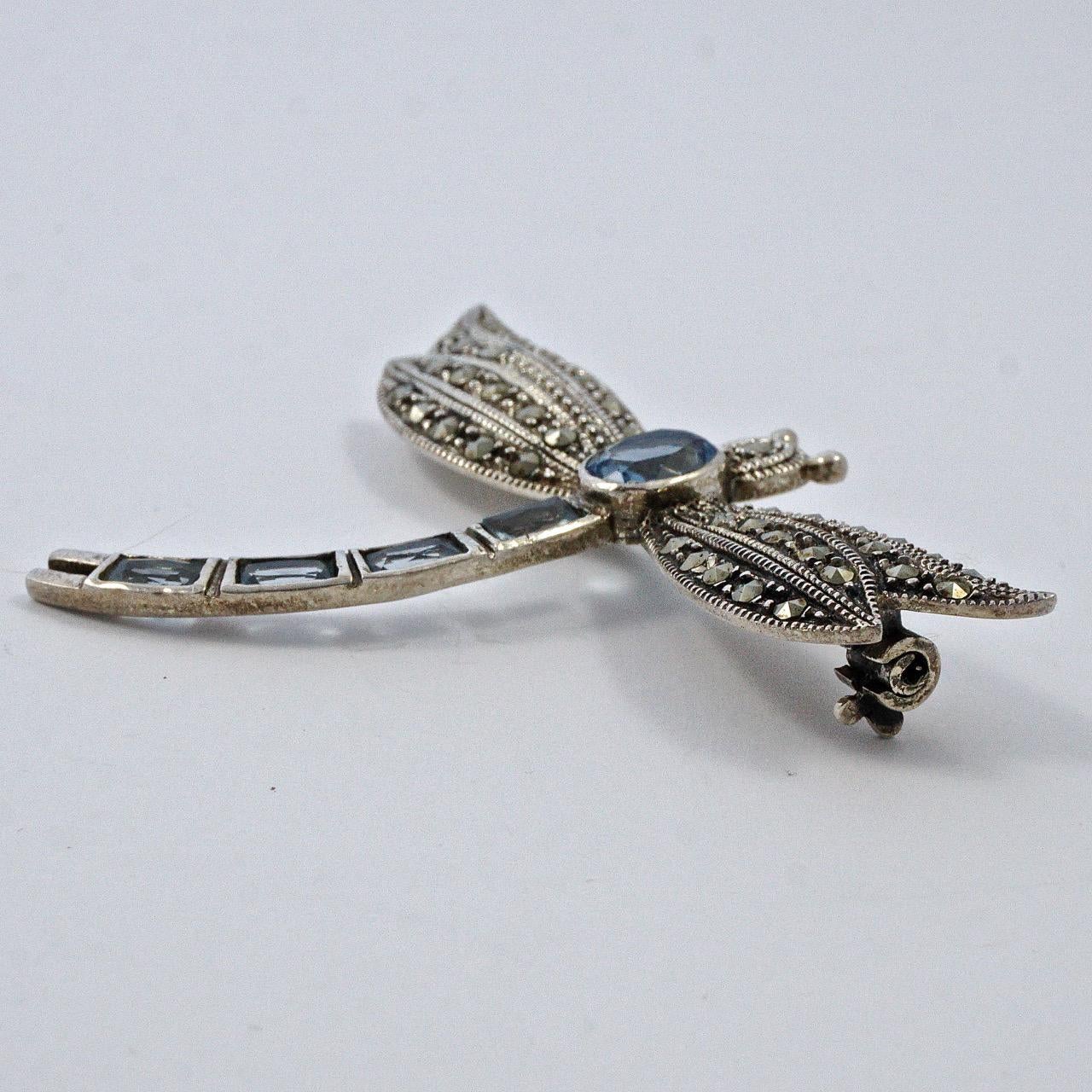 Sterling Silver and Marcasite Dragonfly Brooch with Blue Glass Stones 3