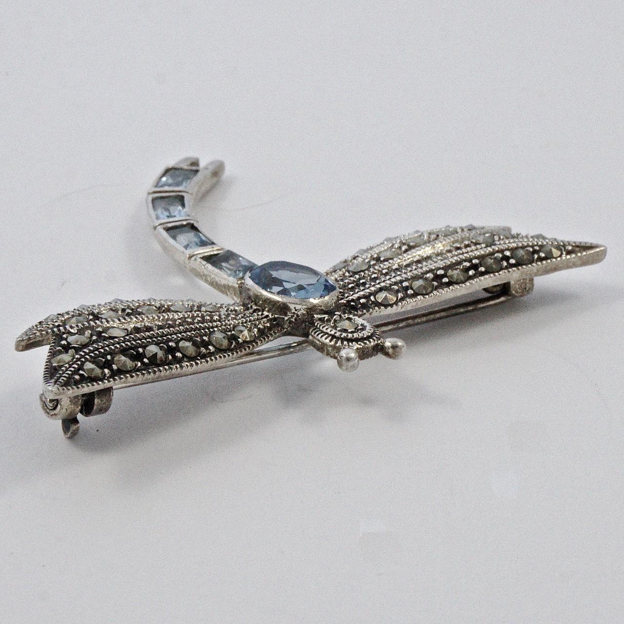 Sterling Silver and Marcasite Dragonfly Brooch with Blue Glass Stones 4