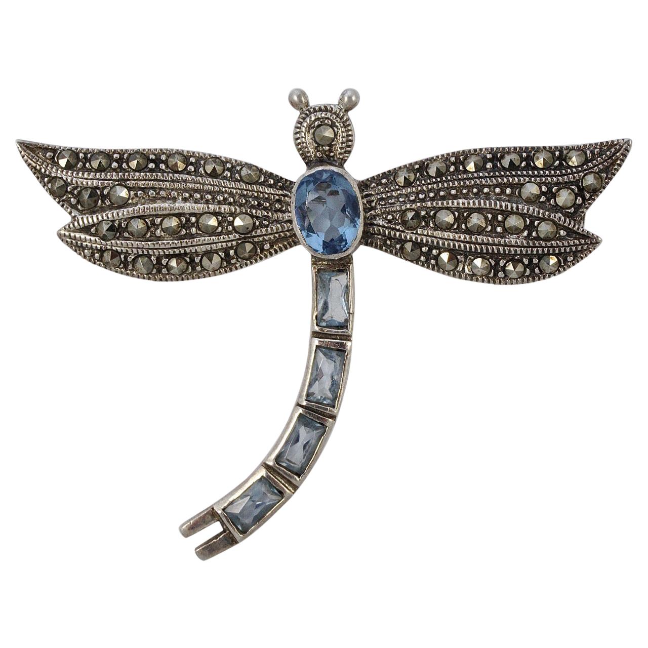 Sterling Silver and Marcasite Dragonfly Brooch with Blue Glass Stones