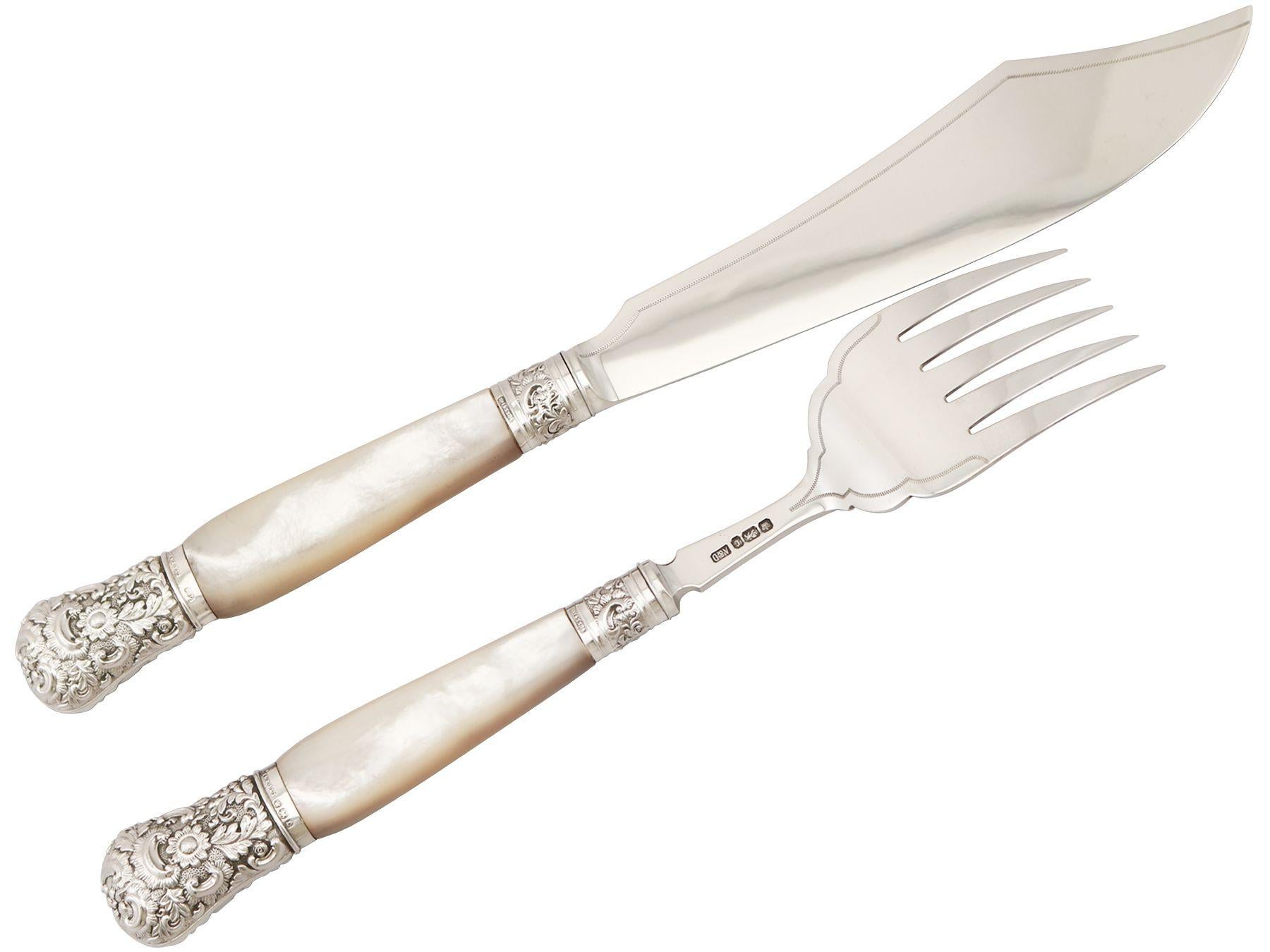 English Antique Victorian Sterling Silver and Mother of Pearl Handled Fish Servers