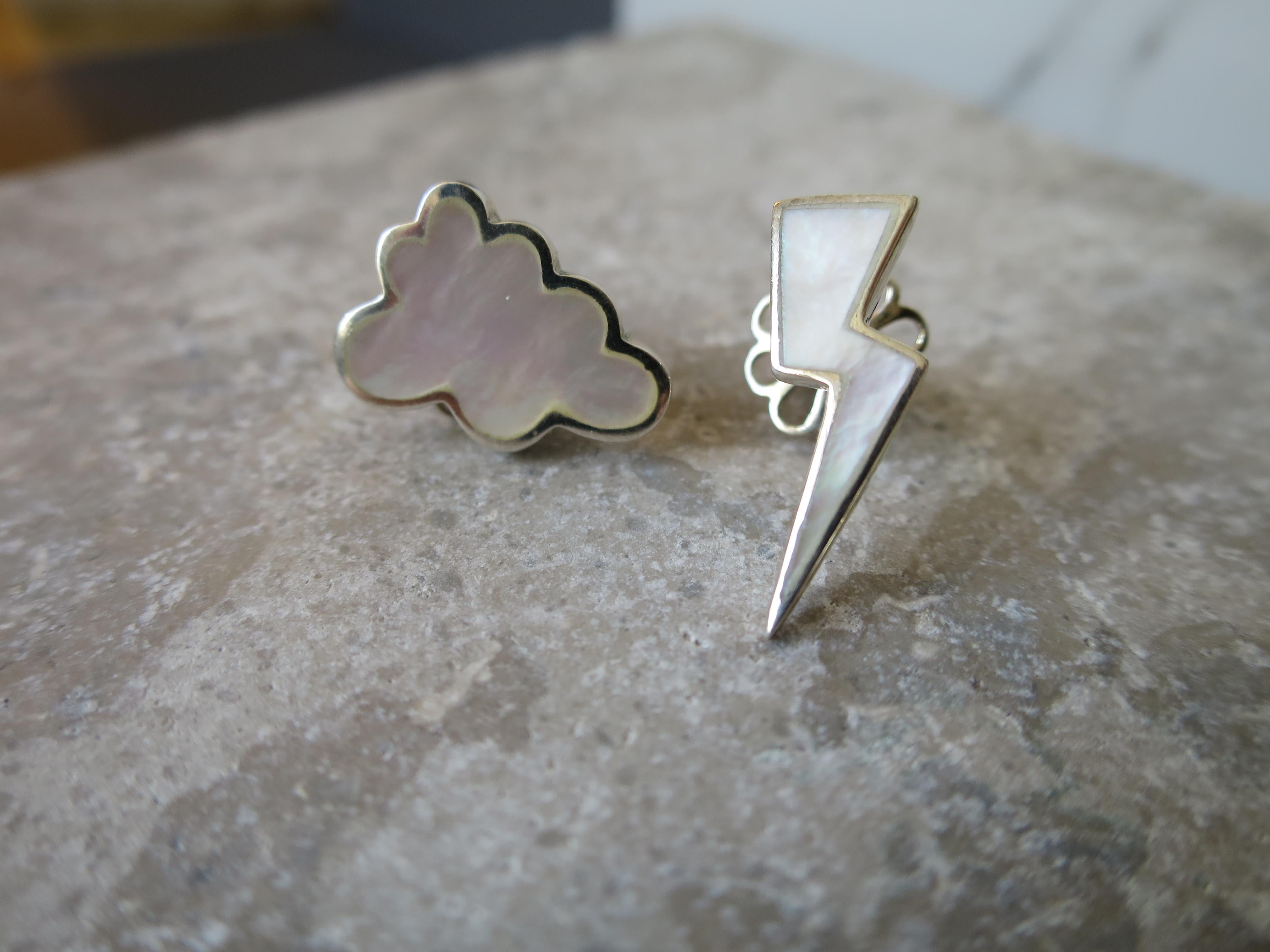 Contemporary Sterling Silver and Mother-of-Pearl Lightning Bolt Earrings For Sale