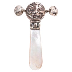 Antique Sterling Silver and Mother of Pearl "Man in the Moon" Rattle