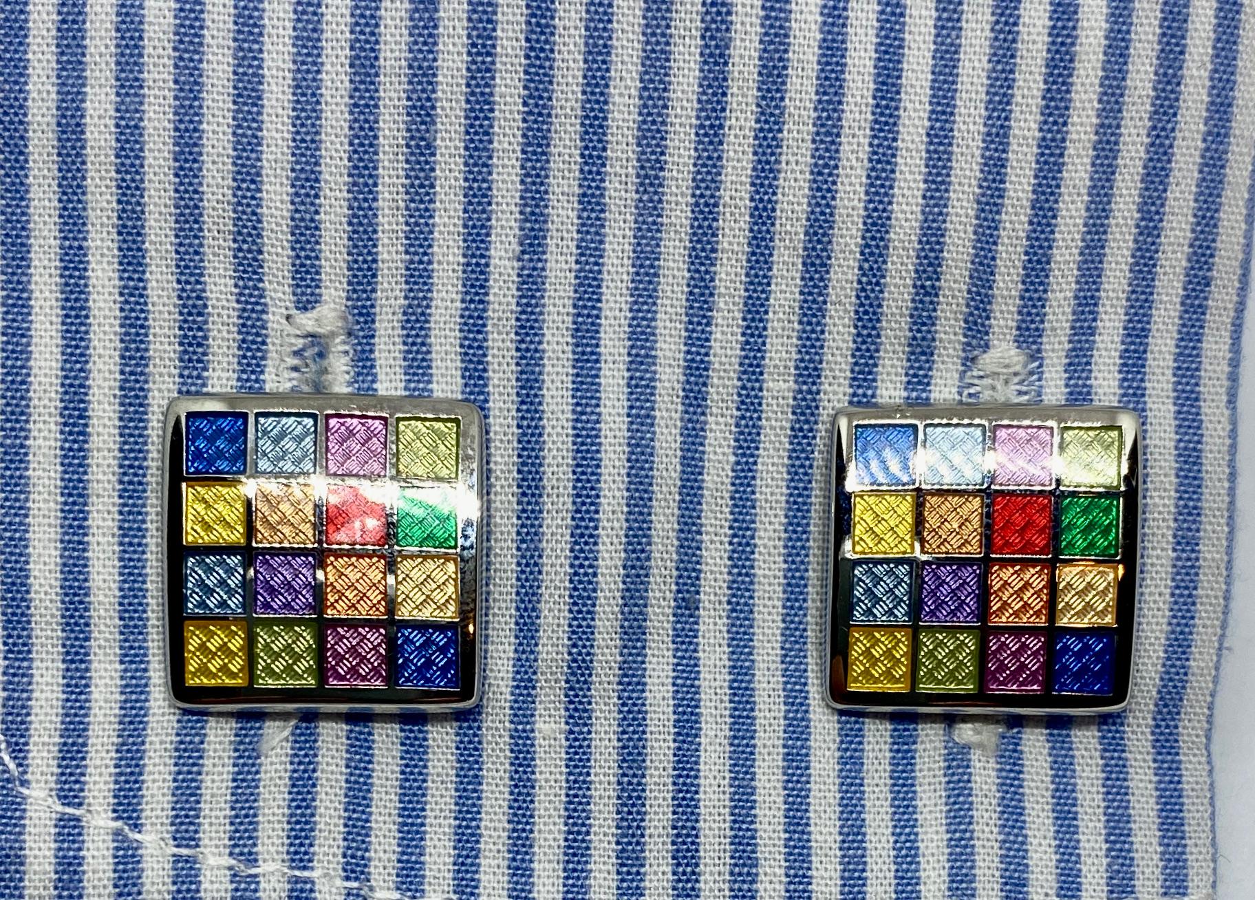 Women's or Men's Sterling Silver and Multicolored Enamel Cufflinks