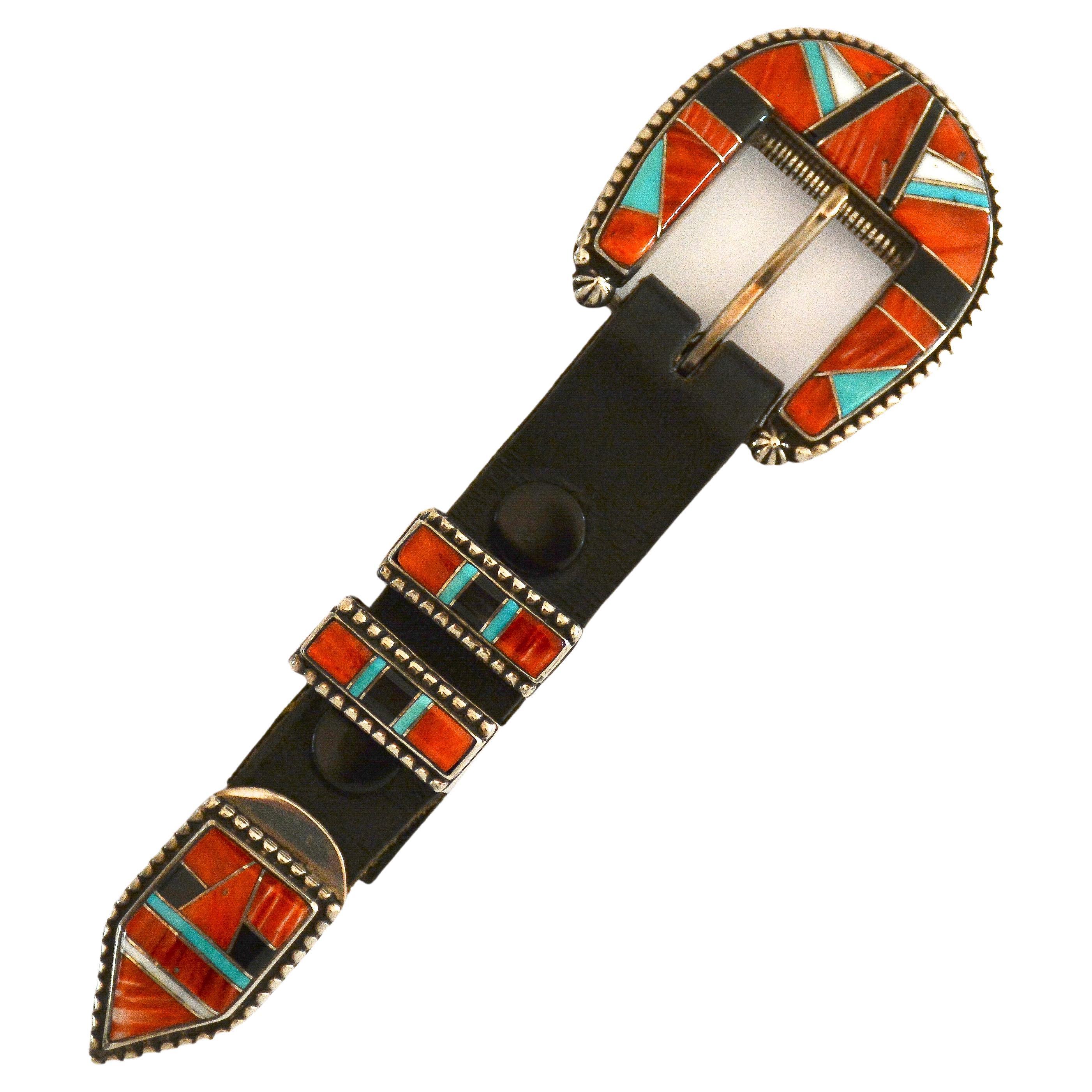 Sterling Silver and Multi-Gemstone Inlay Zuni 4-Piece Ranger Buckle Set, 1992 For Sale