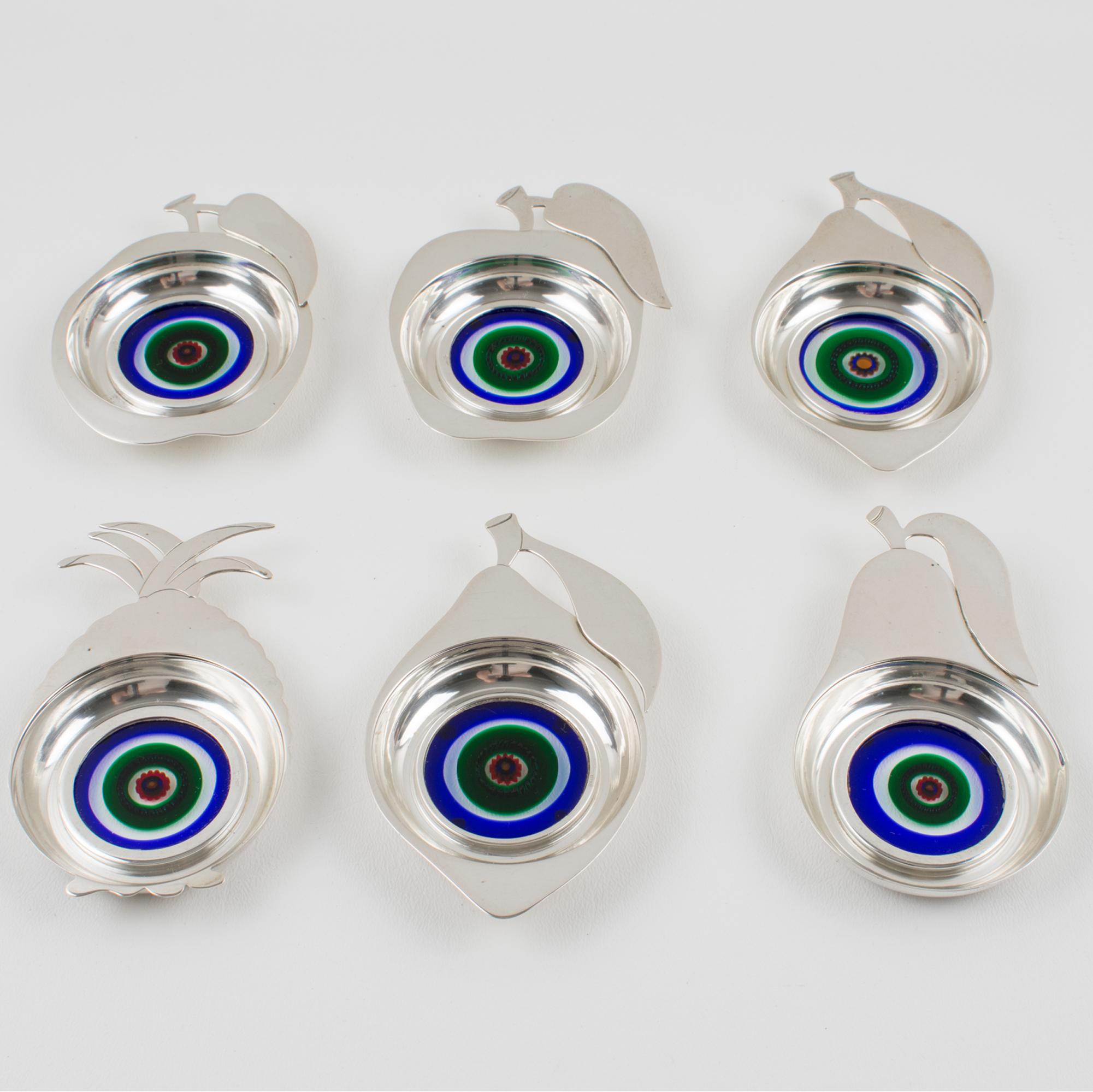 italien Coasters de bar en argent sterling et verre d'art de Murano, Italie, années 1960 en vente