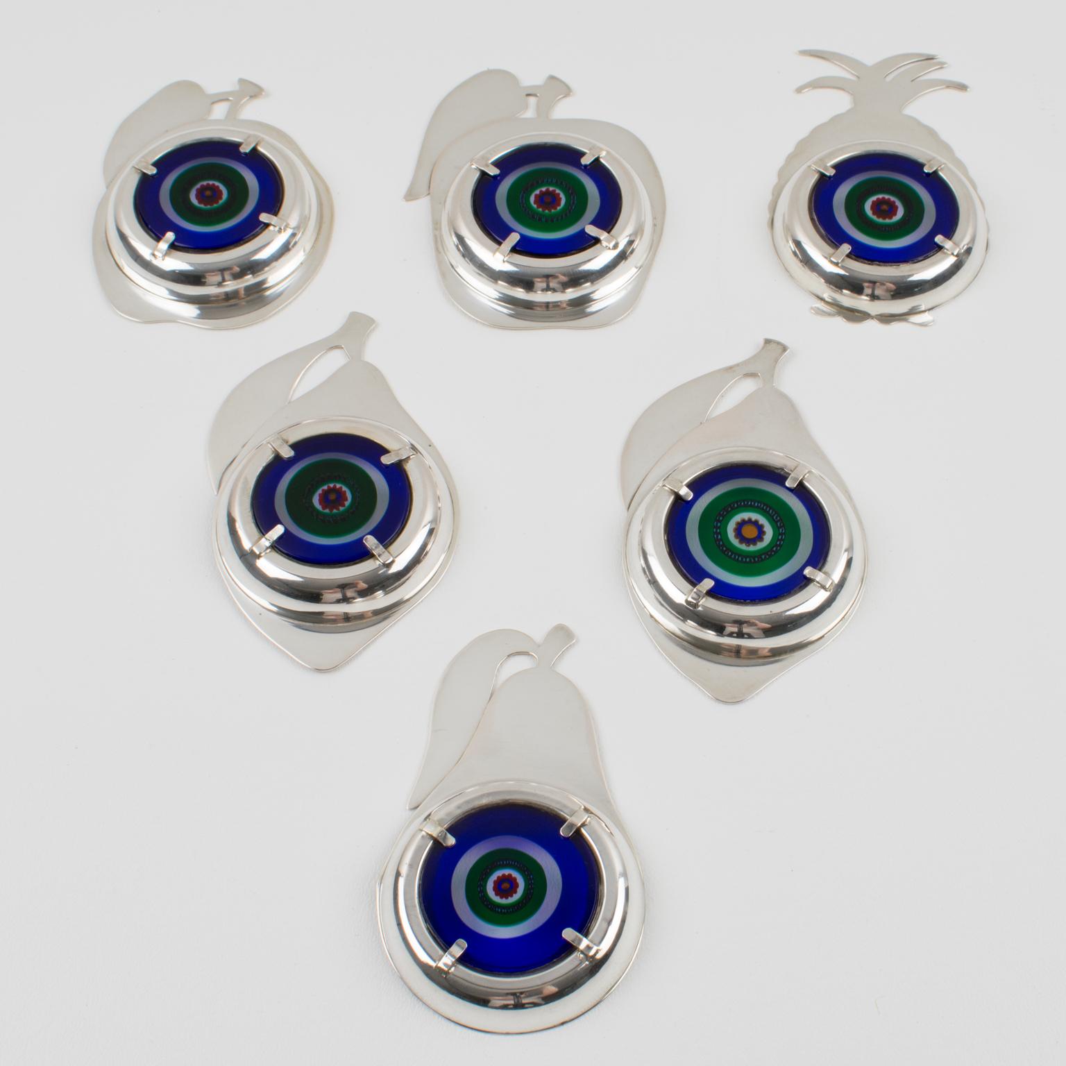 Coasters de bar en argent sterling et verre d'art de Murano, Italie, années 1960 Bon état - En vente à Atlanta, GA