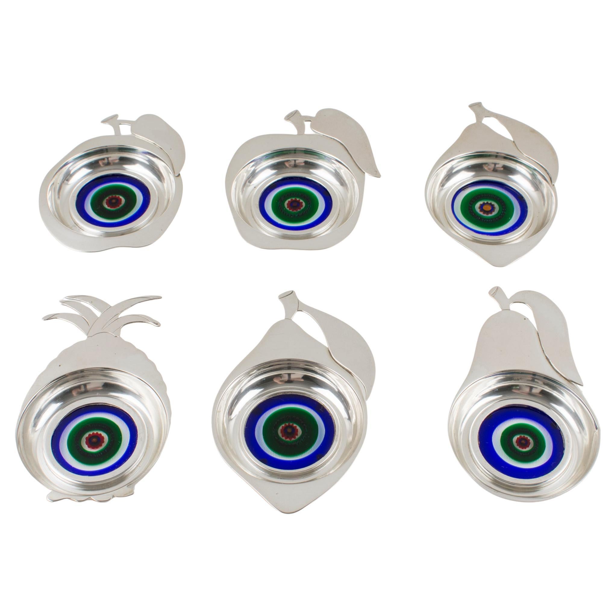 Coasters de bar en argent sterling et verre d'art de Murano, Italie, années 1960 en vente