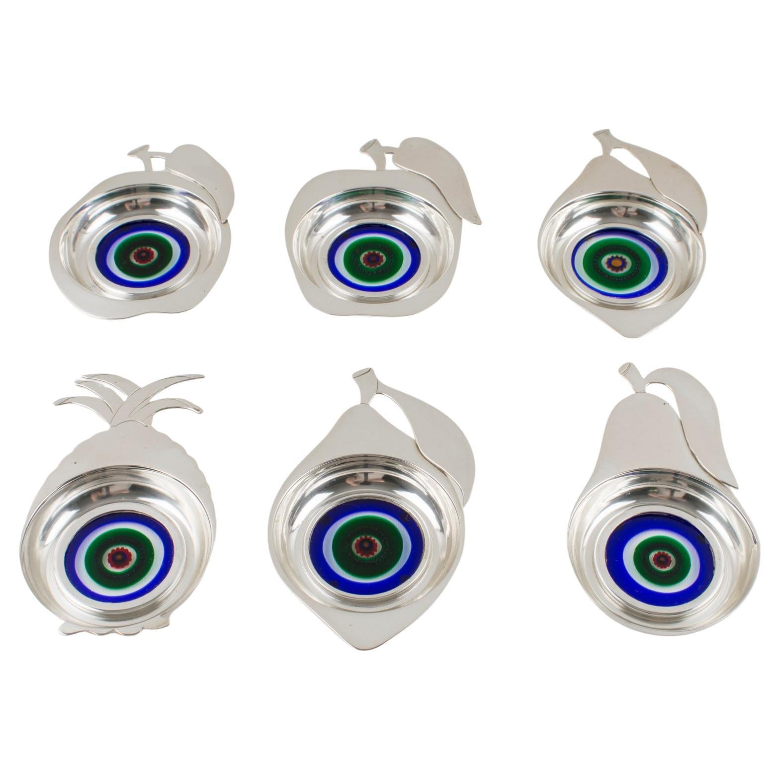 Sterling Silver and Murano Art Glass Barware Coasters, Italy 1960s
