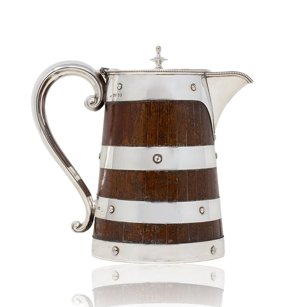 High Victorian Sterling Silver and Oak Coopered Jug Frazer and Haws For Sale