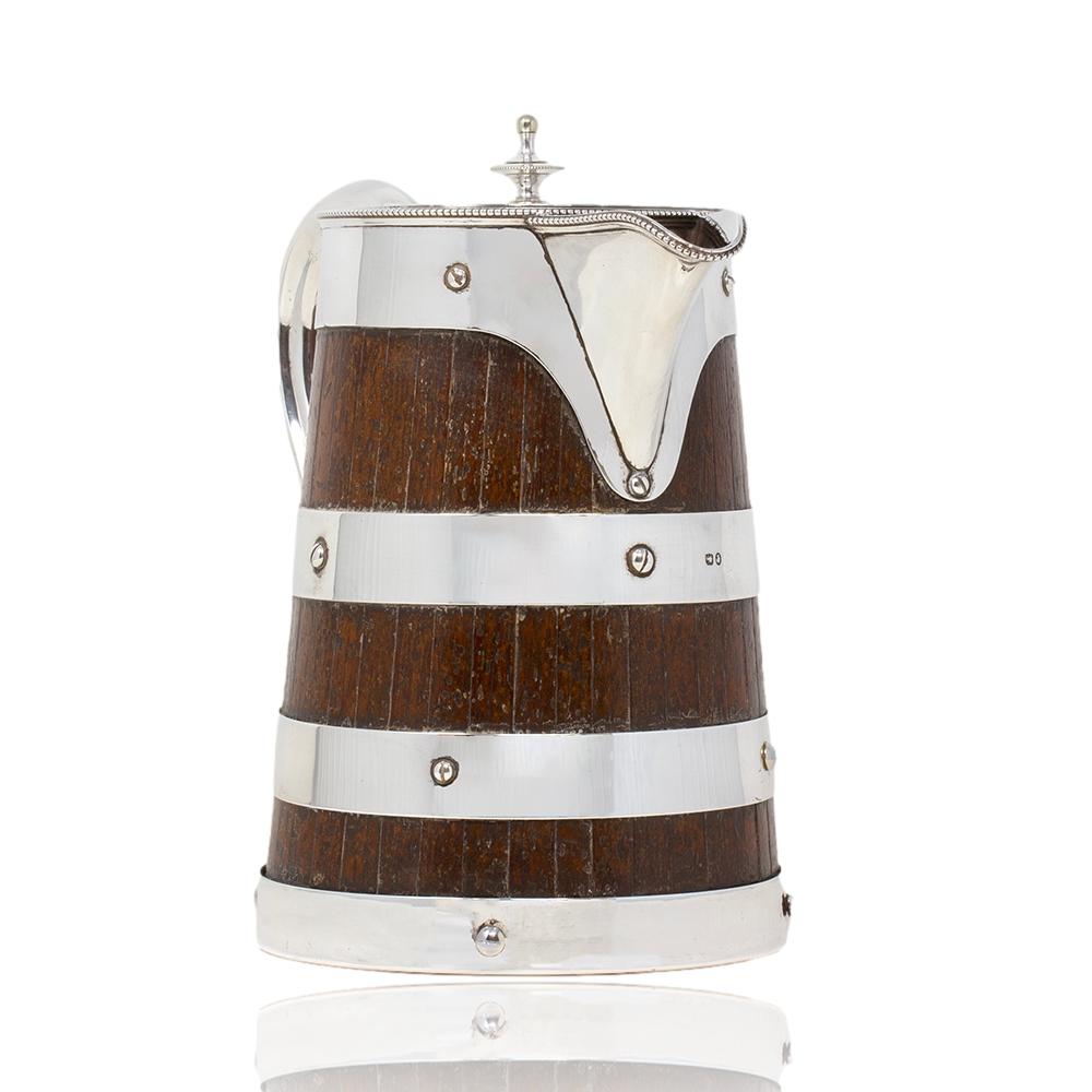 English Sterling Silver and Oak Coopered Jug Frazer and Haws For Sale