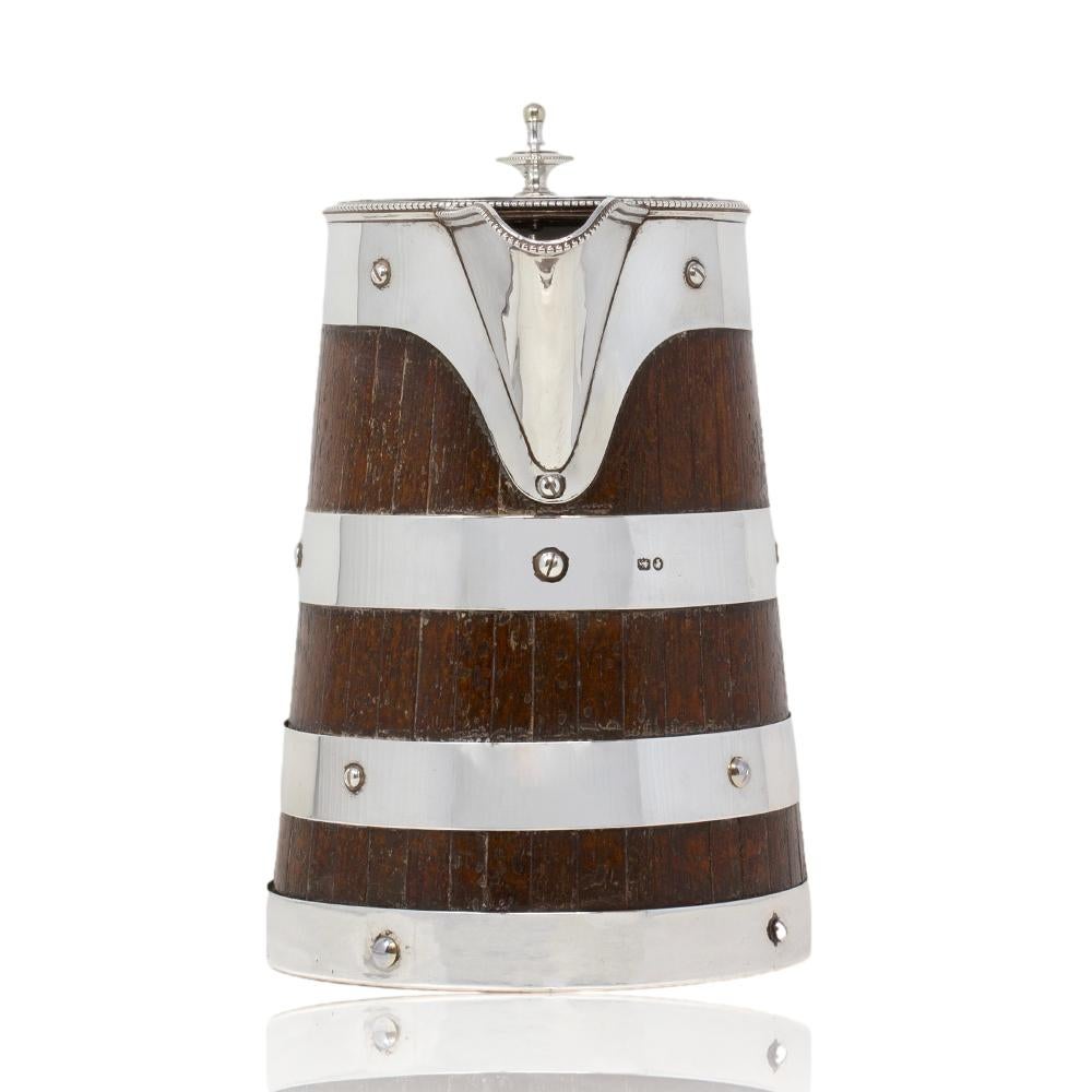 Cast Sterling Silver and Oak Coopered Jug Frazer and Haws For Sale