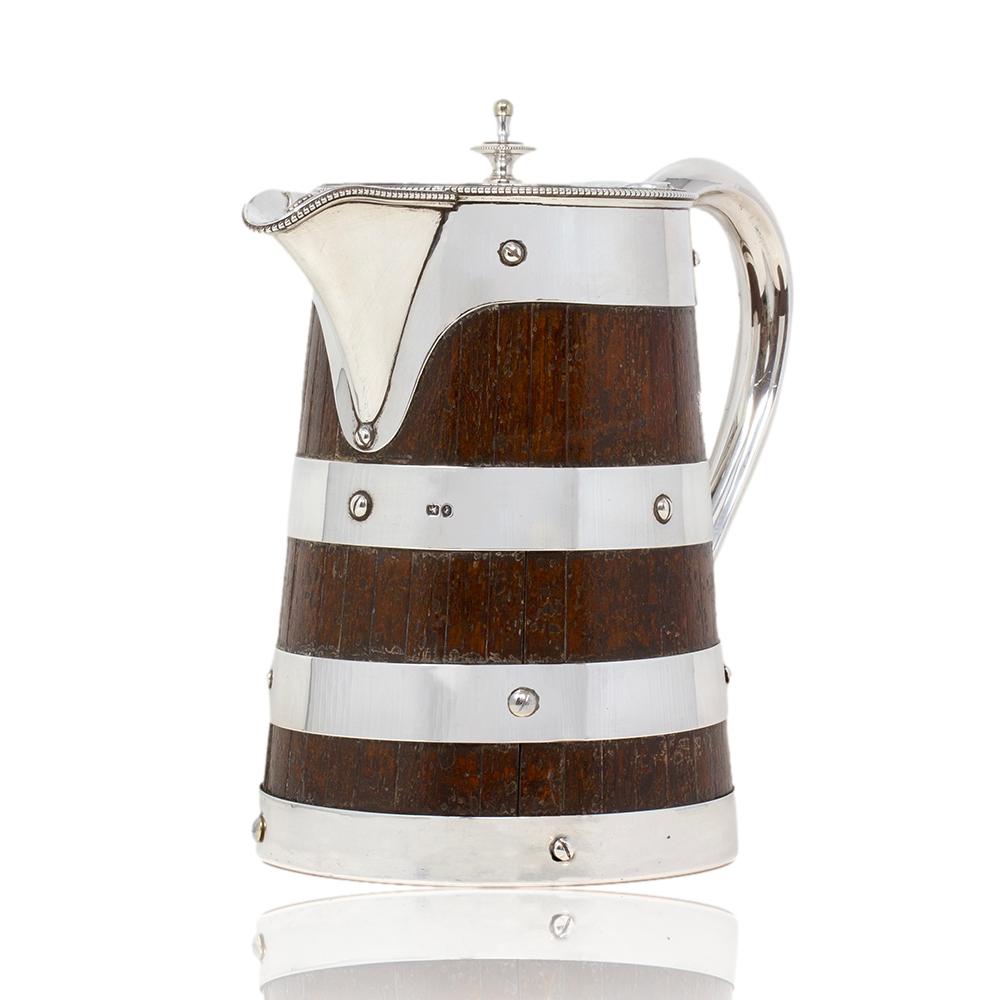 Sterling Silver and Oak Coopered Jug Frazer and Haws In Good Condition For Sale In Newark, England