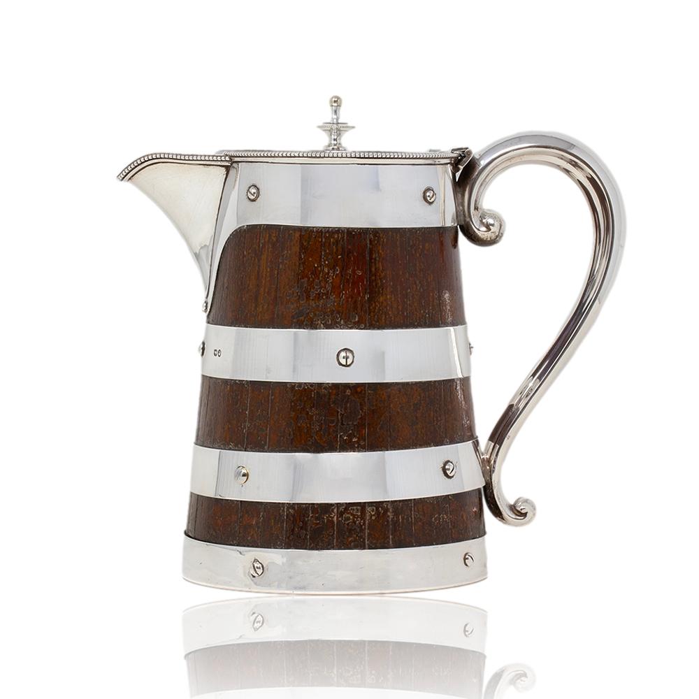 19th Century Sterling Silver and Oak Coopered Jug Frazer and Haws For Sale