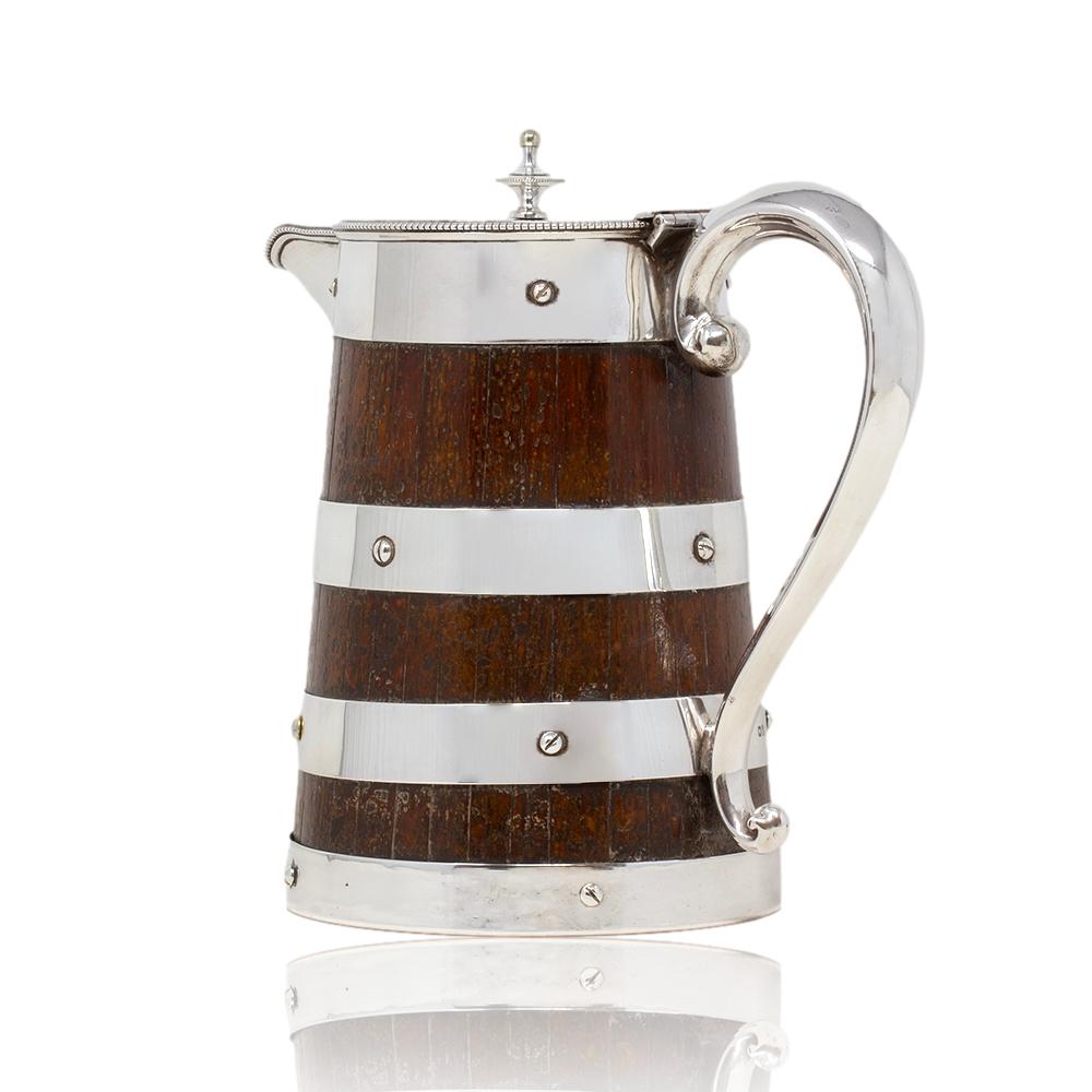 Sterling Silver and Oak Coopered Jug Frazer and Haws For Sale 1
