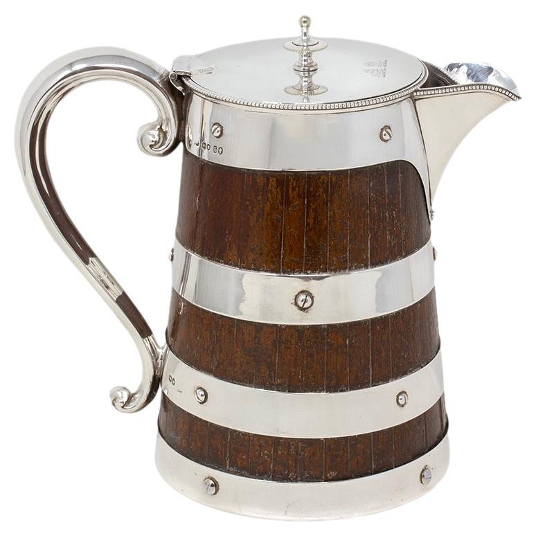 Sterling Silver and Oak Coopered Jug Frazer and Haws For Sale