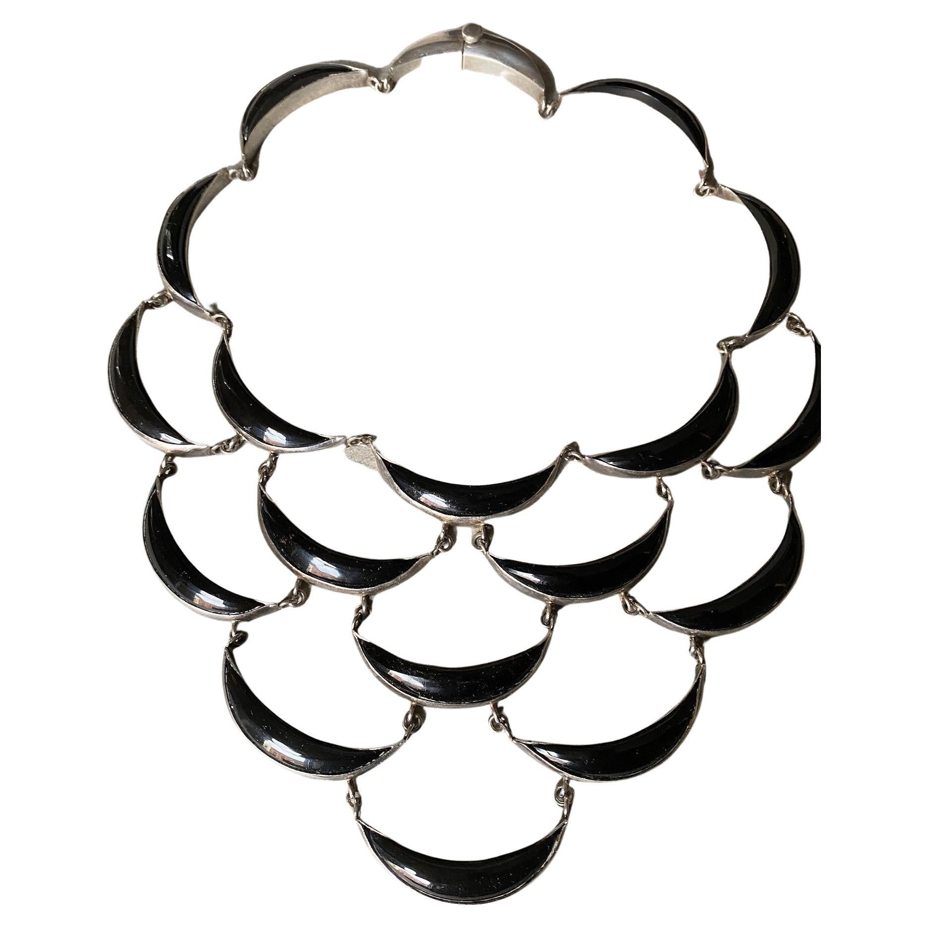 Sterling Silver and Onyx Bib Necklace by Antonio Pineda For Sale