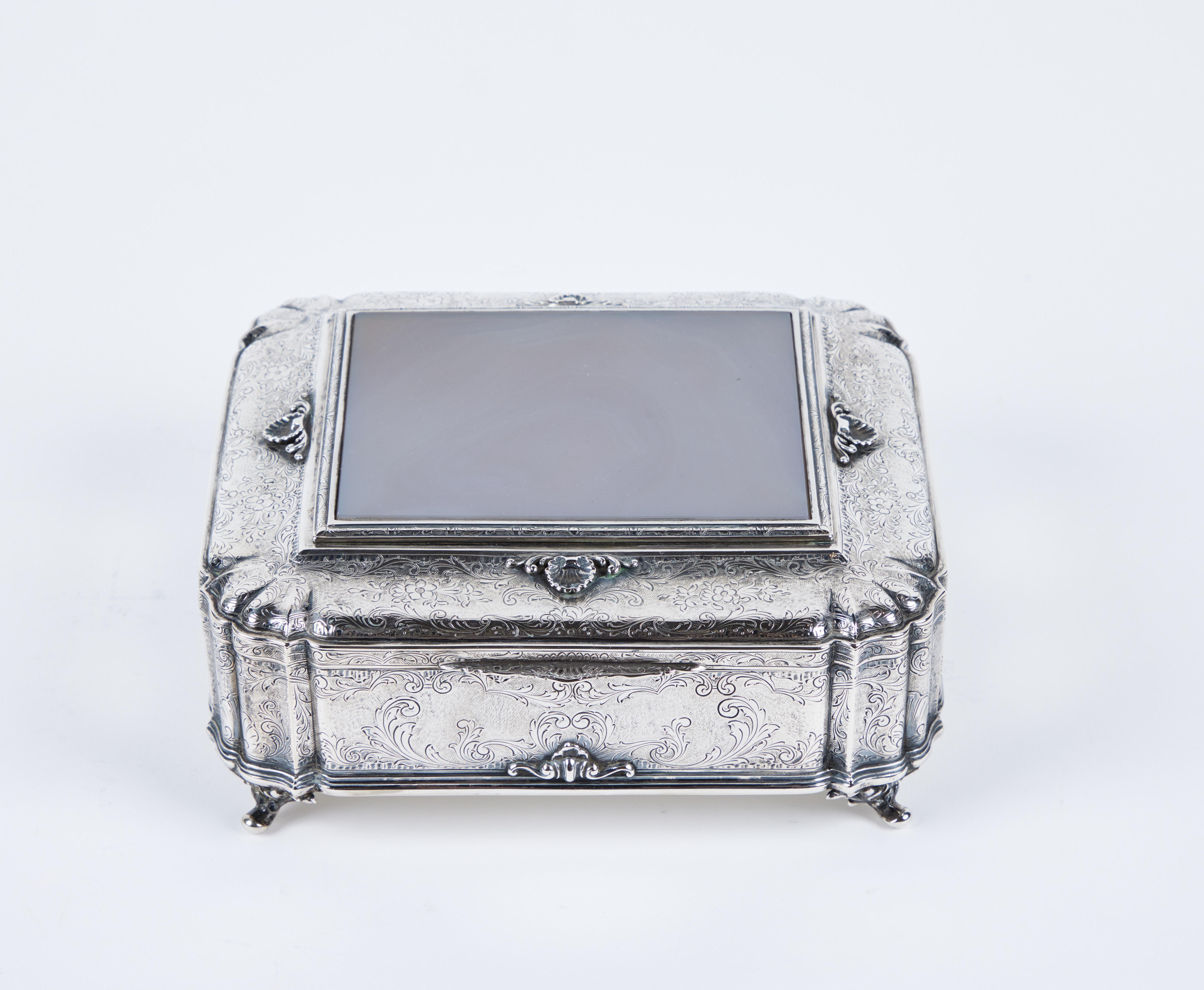 Baroque Sterling Silver and Onyx Box For Sale