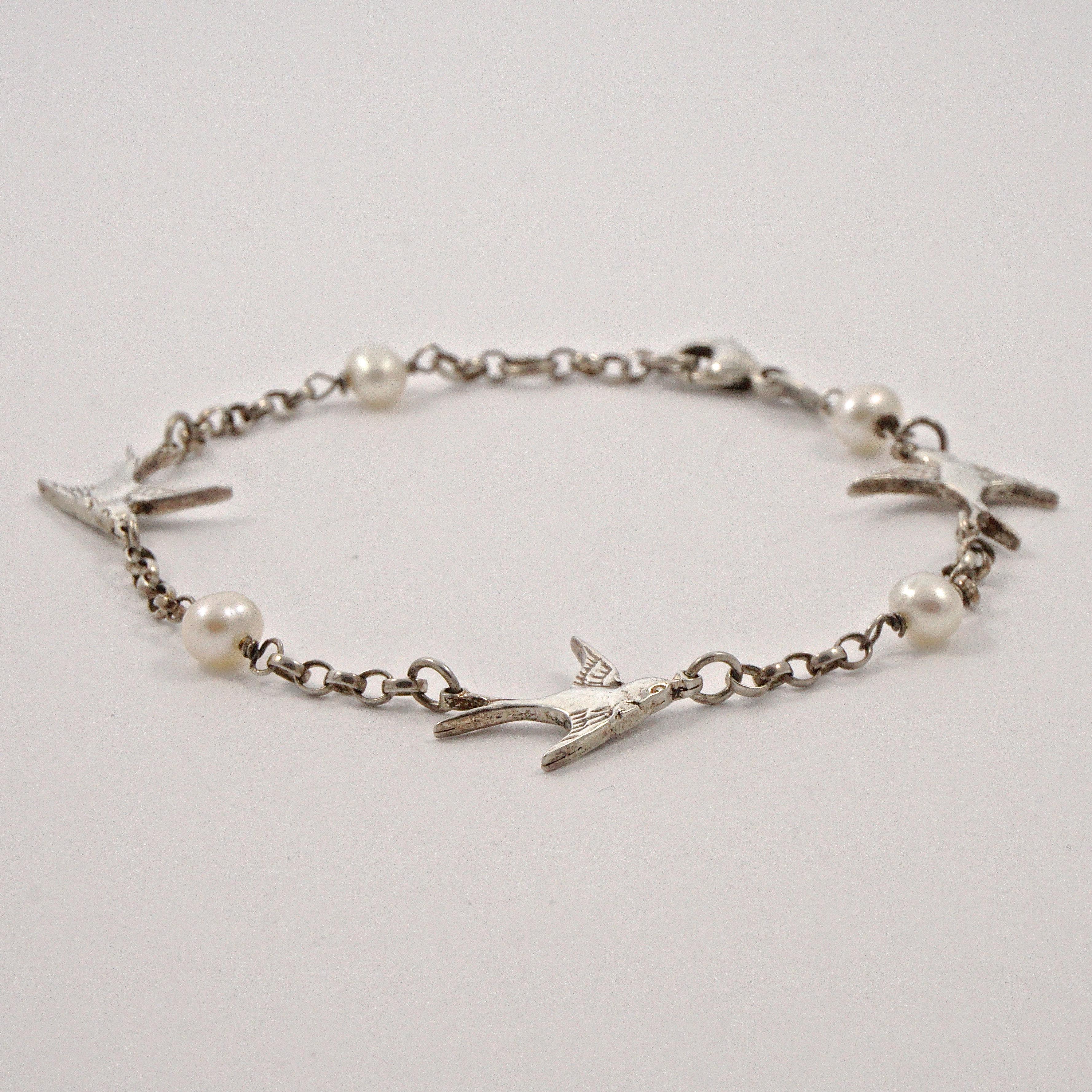 Sterling Silver and Oval Freshwater Pearl Swallow Bracelet  1