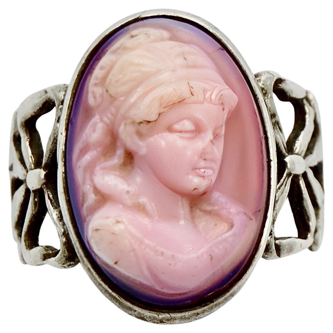 Sterling Silver and Pink Conch Shell Cameo Bow Design Ring circa 1920s