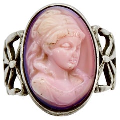 Retro Sterling Silver and Pink Conch Shell Cameo Bow Design Ring circa 1920s