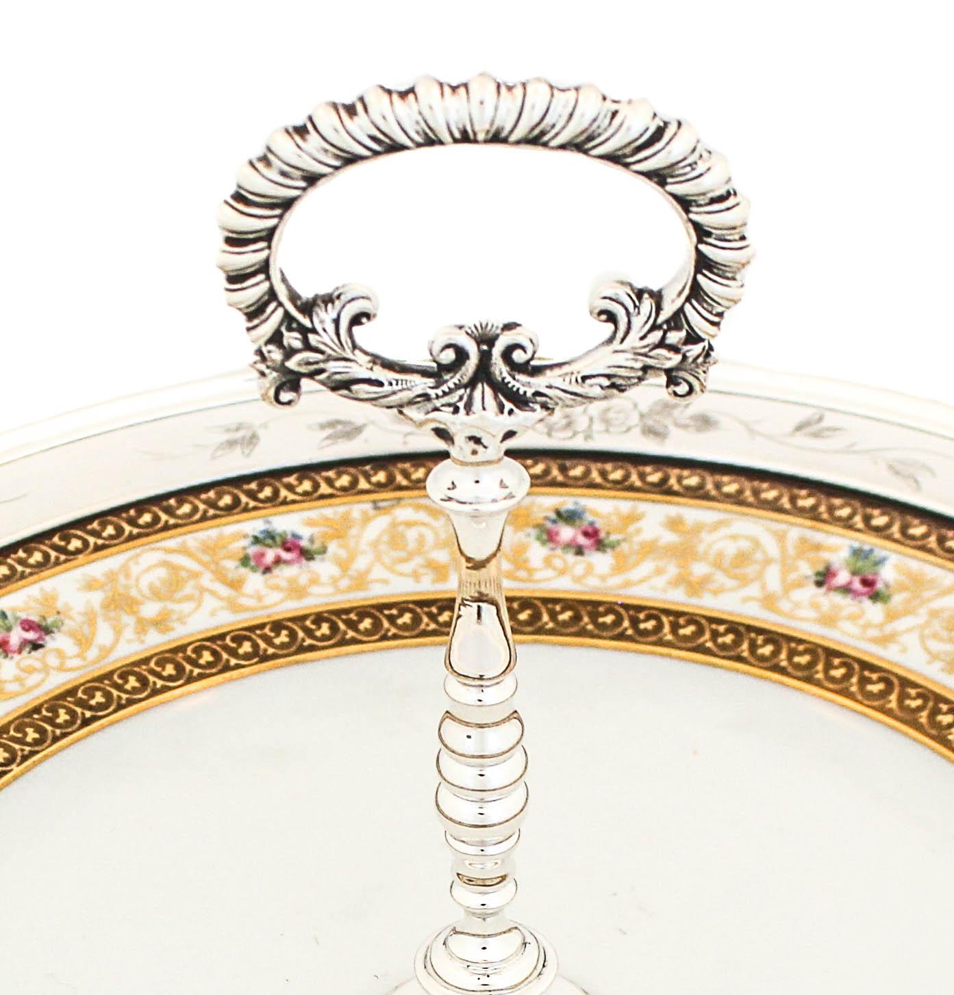 Mid-20th Century Sterling Silver and Porcelain Dessert Tray For Sale