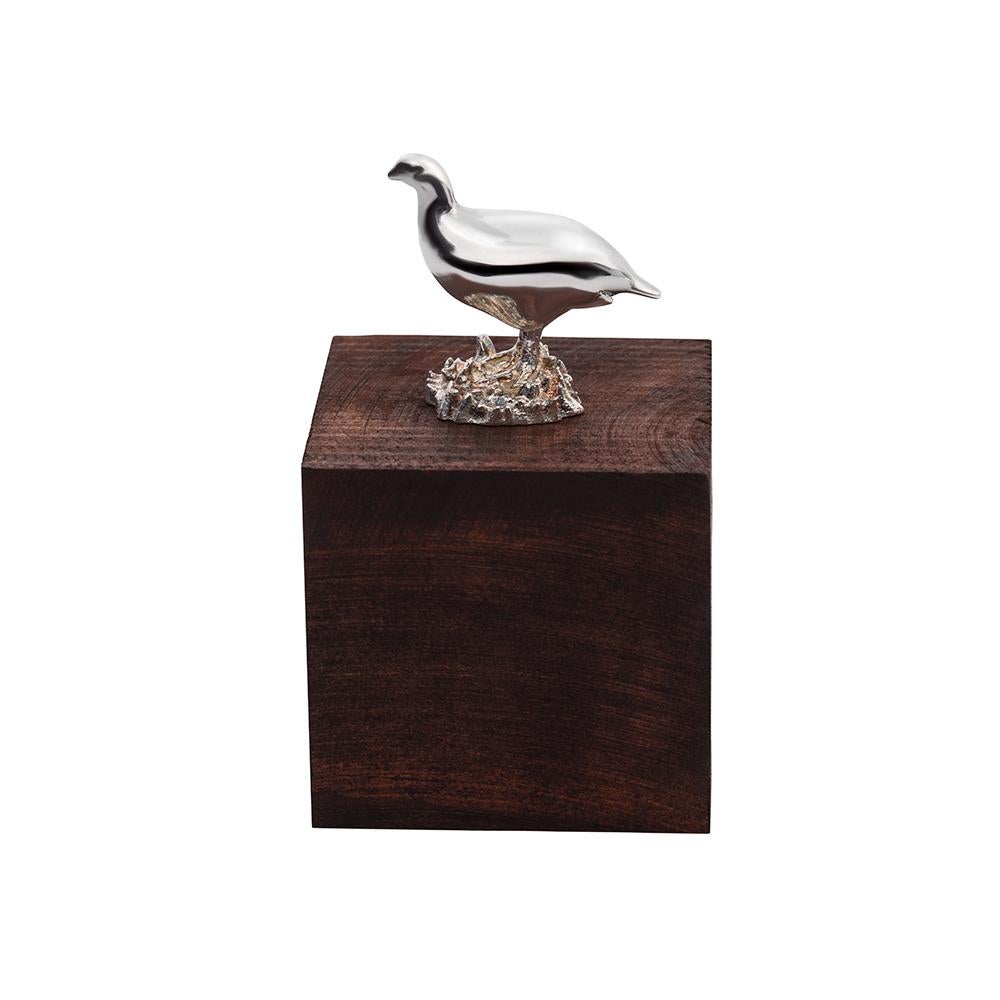 Sterling Silver and Red Wood Grouse Cube Table Ornament For Sale