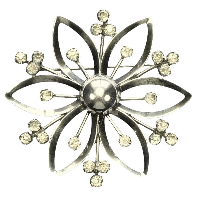 Sterling Silver and Rhinestone Flower Brooch circa 1950s