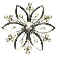 Sterling Silver and Rhinestone Flower Brooch circa 1950s