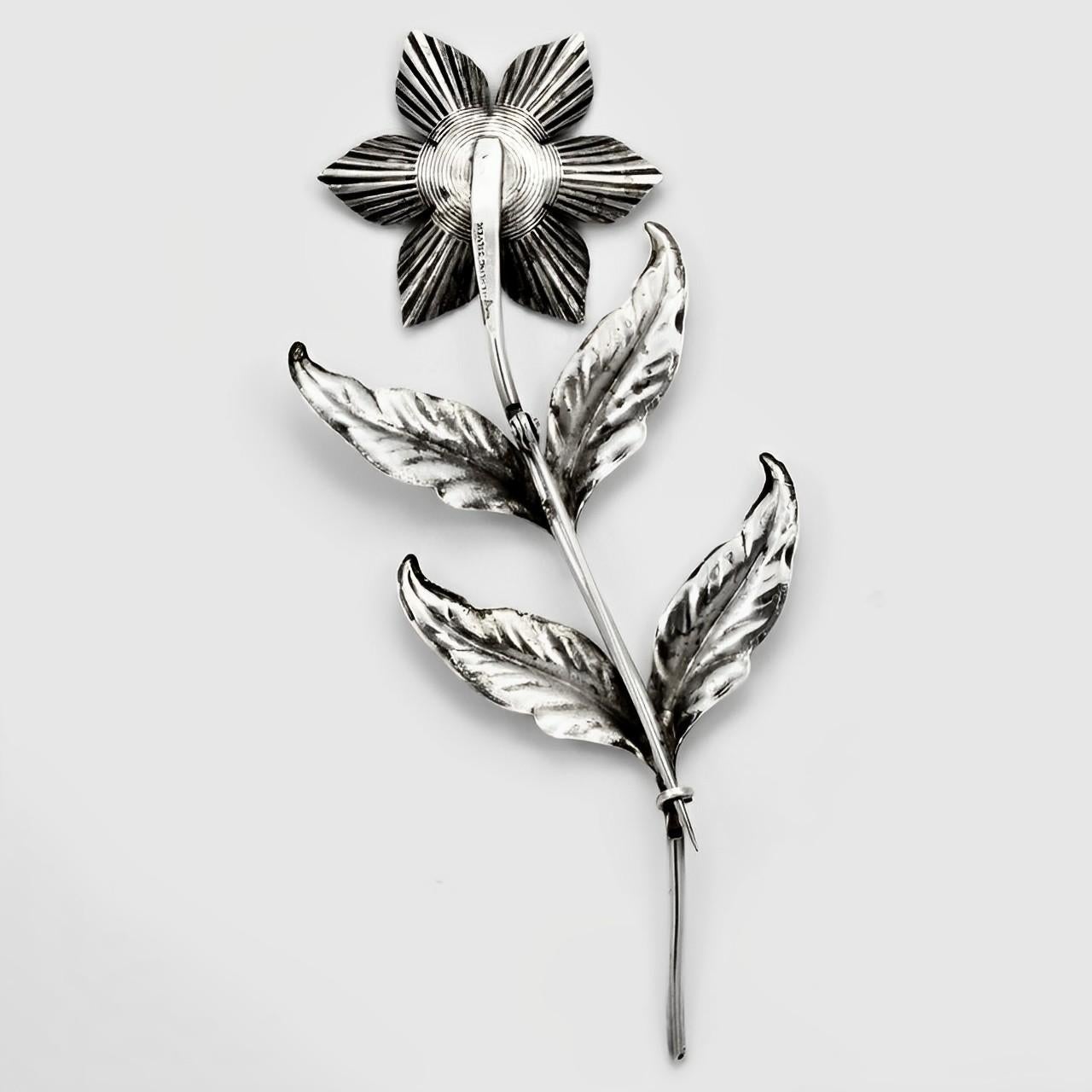 Sterling Silver and Rhinestone Flower Statement Brooch In Good Condition For Sale In London, GB