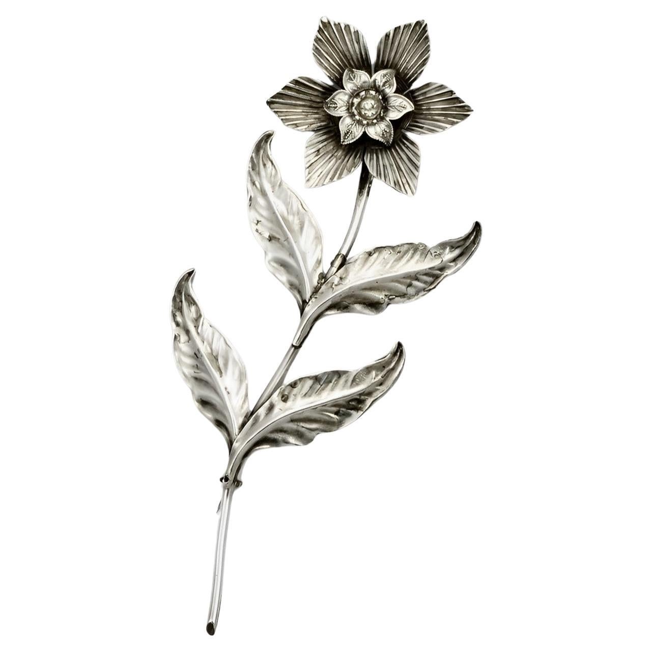 Sterling Silver and Rhinestone Flower Statement Brooch For Sale