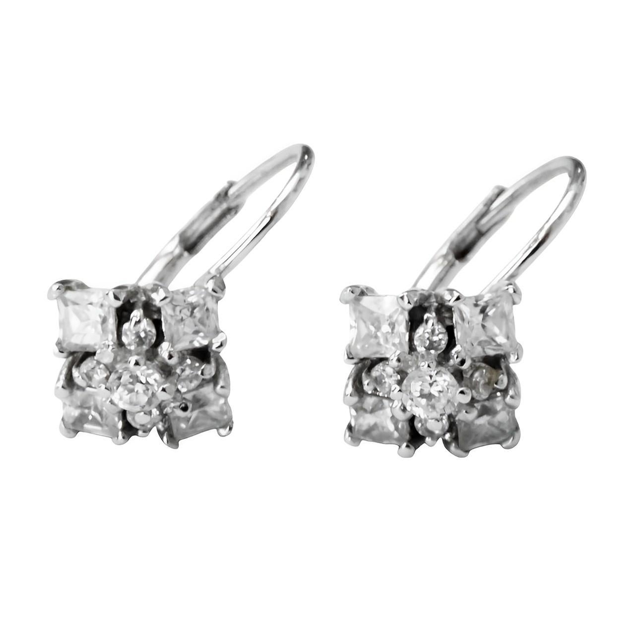 Sterling Silver and Rhinestone Lever Back Earrings For Sale 1
