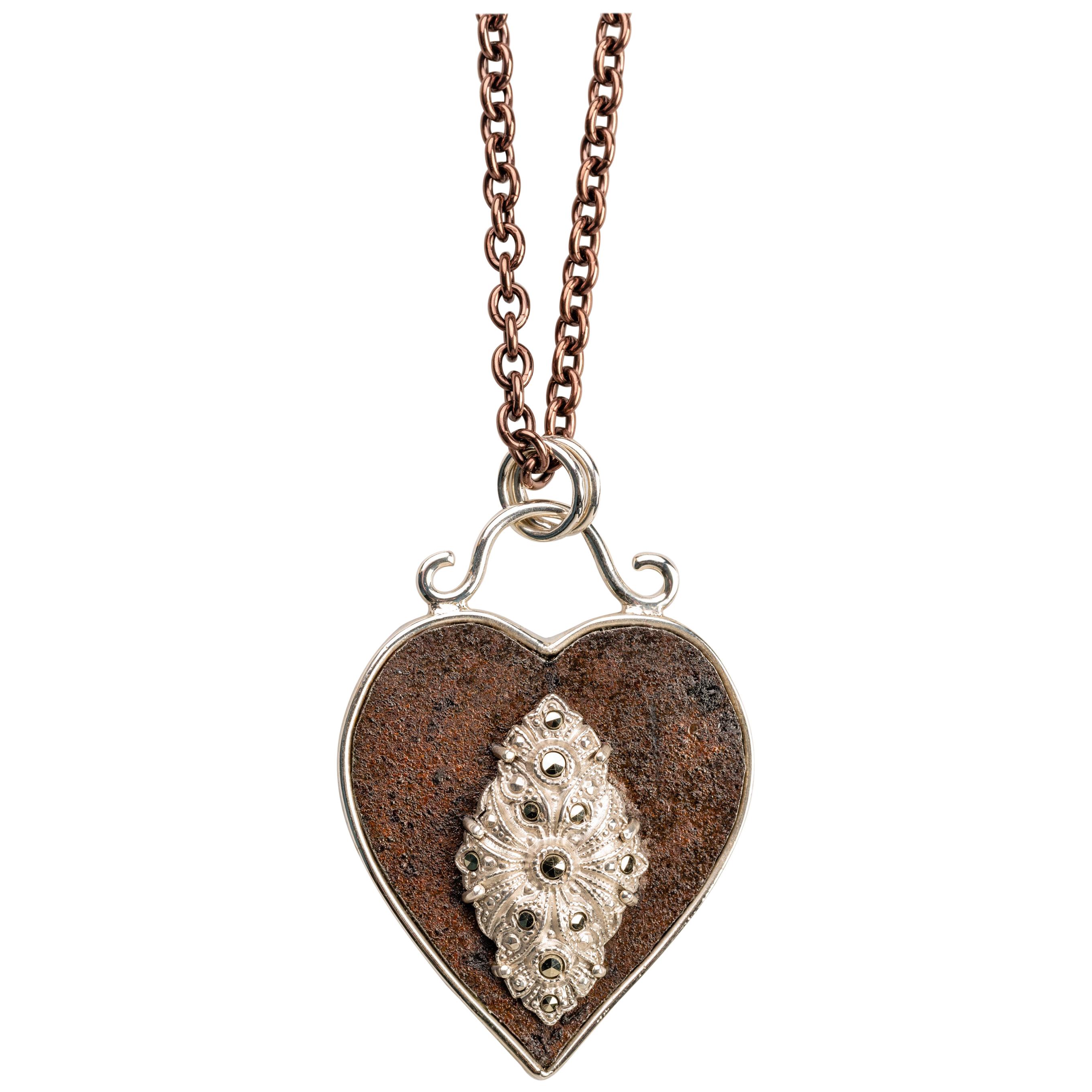 Sterling Silver and Rusted Iron Heart Necklace with Marcasite