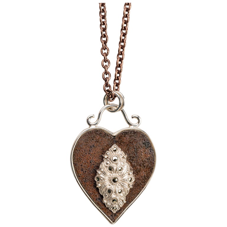 Sterling Silver and Rusted Iron Heart Necklace with Marcasite at 1stDibs