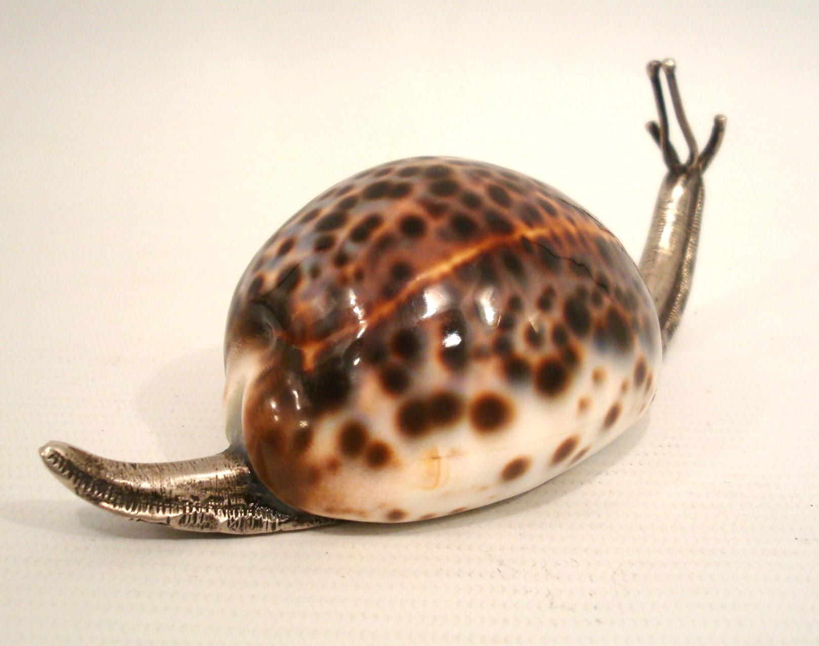 Mid-Century Modern Sterling Silver and Shell Snail Sculpture Paperweight For Sale