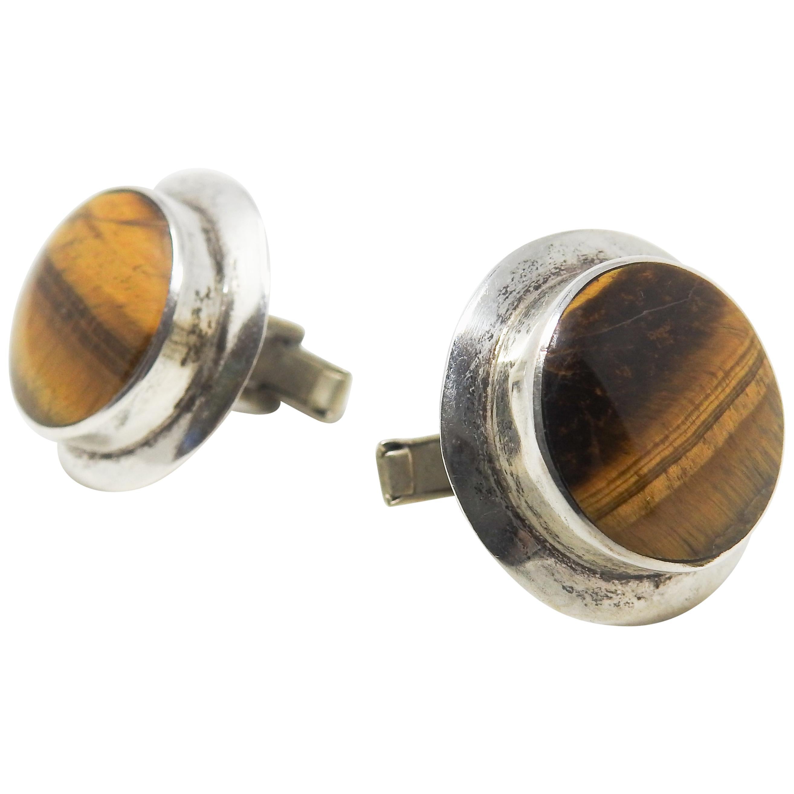 Sterling Silver and Tigers Eye Cufflinks For Sale