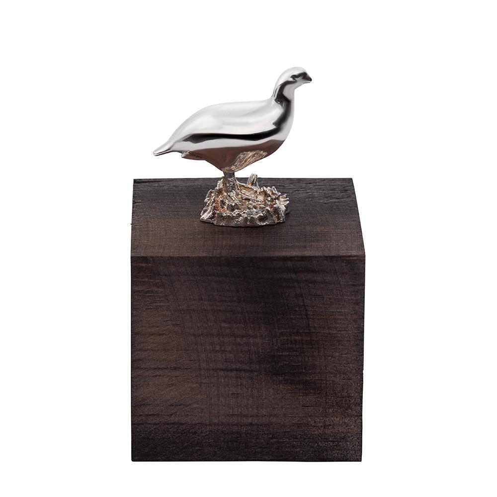 Contemporary Sterling Silver and Travertine Grouse Cube Table Ornament For Sale