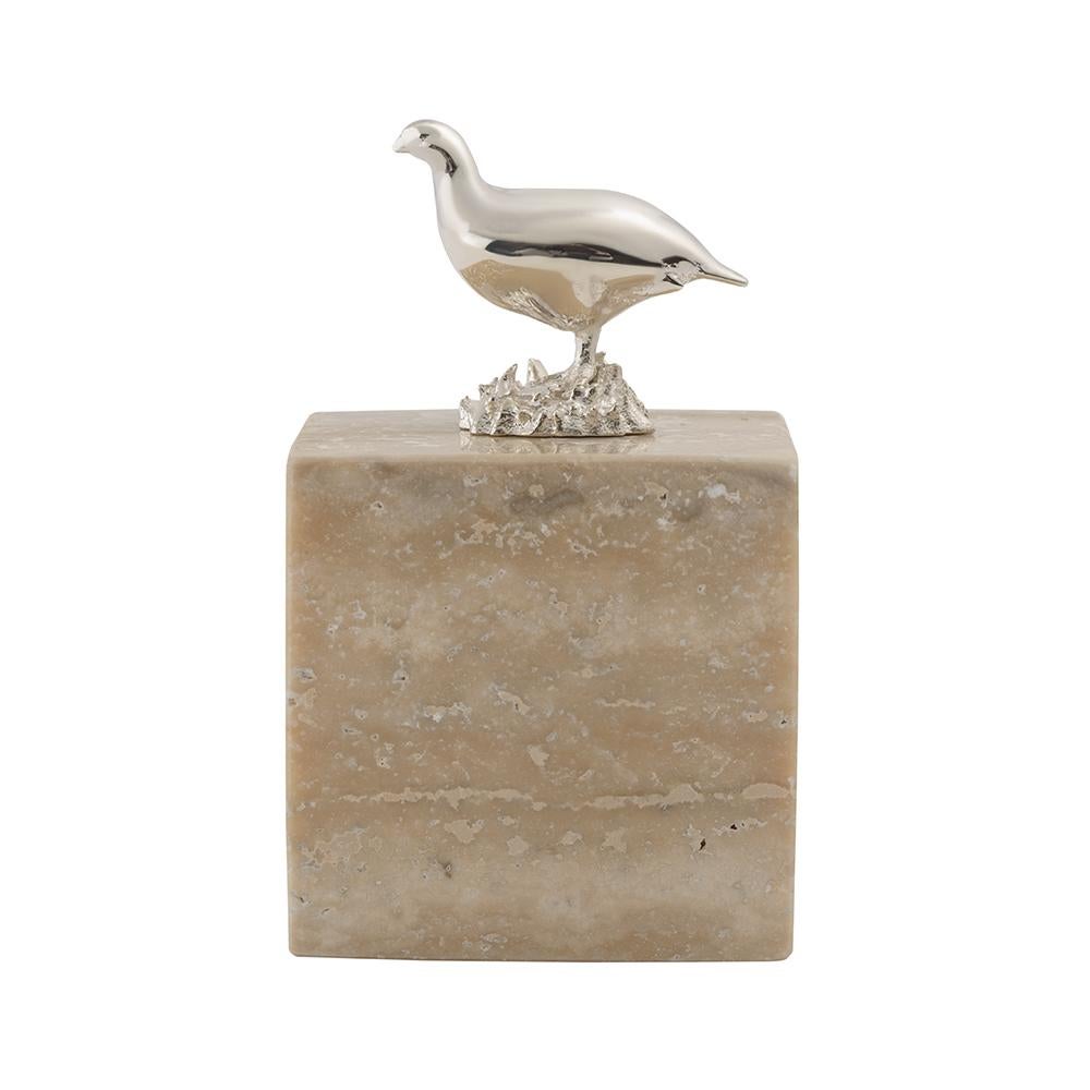 Sterling Silver and Travertine Grouse Cube Table Ornament For Sale