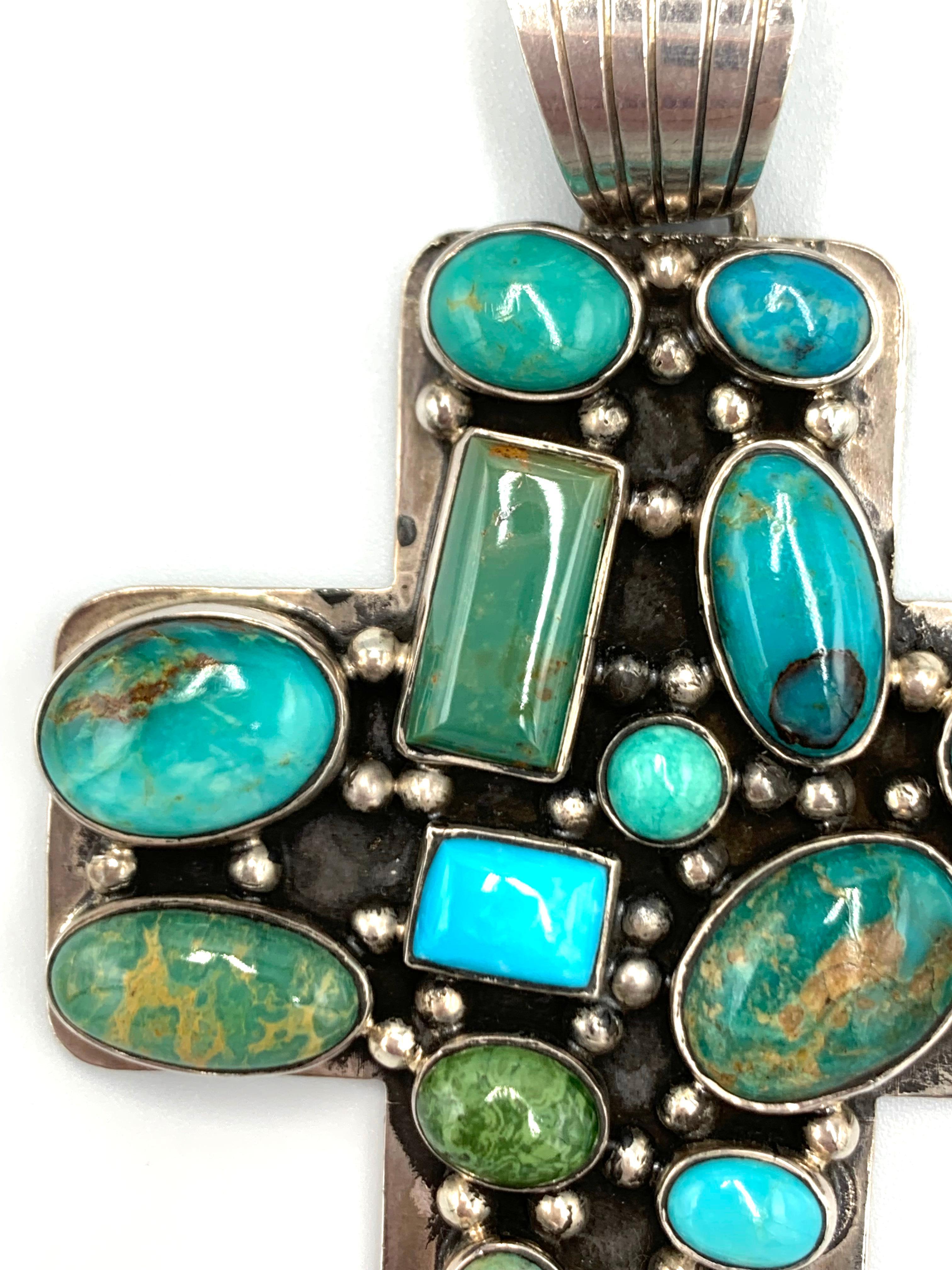 Pendentif croix en argent et turquoise par Dan Dodson Unisexe en vente