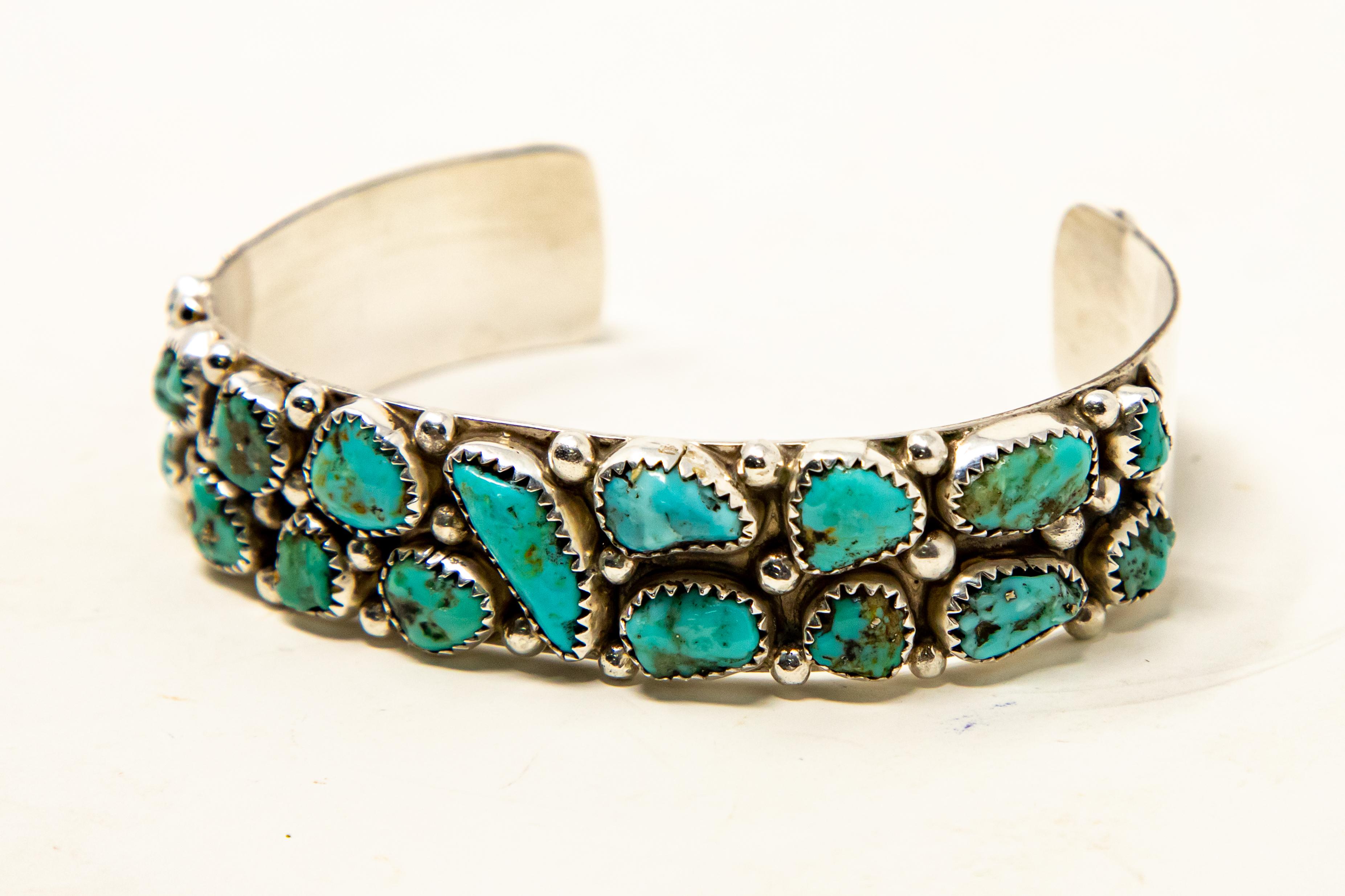 Native American Sterling Silver and Turquoise Cuff Bracelet For Sale