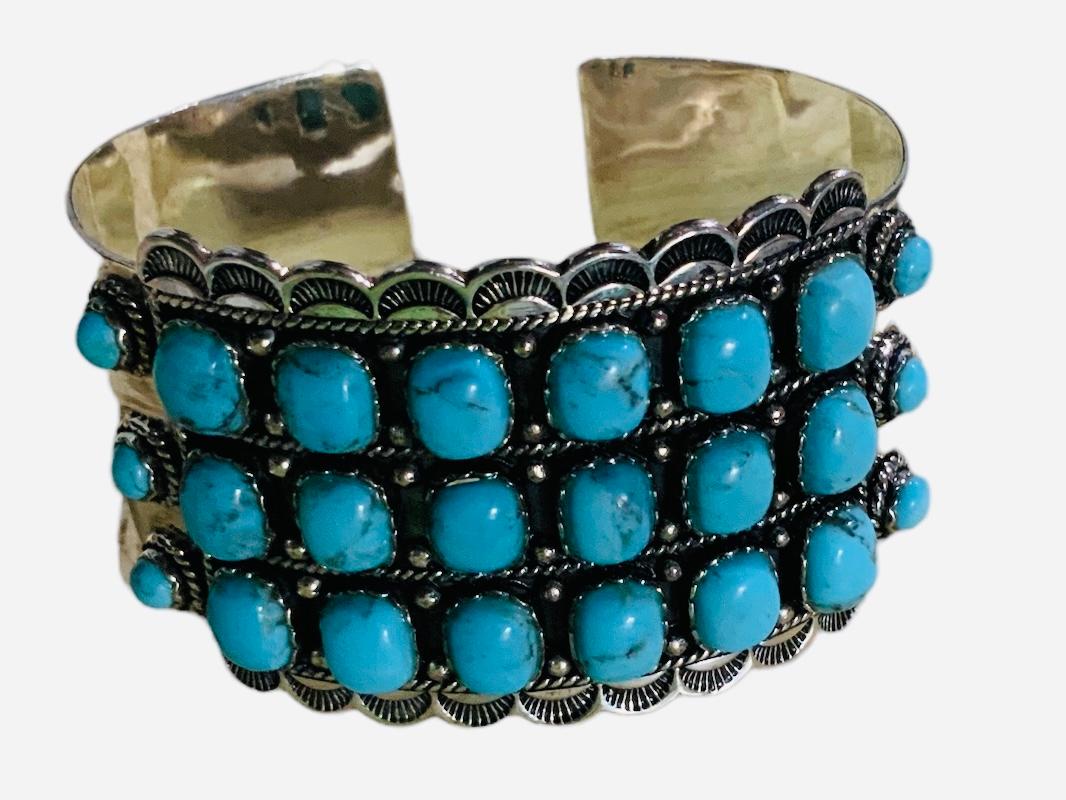 Women's or Men's  Sterling Silver and Turquoise Cuff Bracelet For Sale