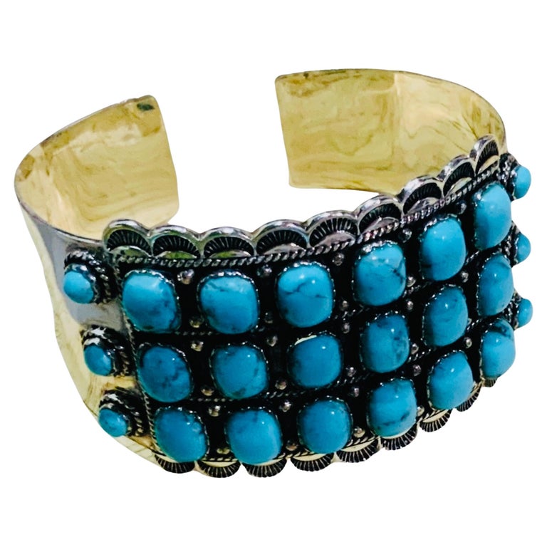 Bracelet Manchette Argenté Ouvert Avec Perles Et Cabochon Turquoise - Bijou Vintage Unique