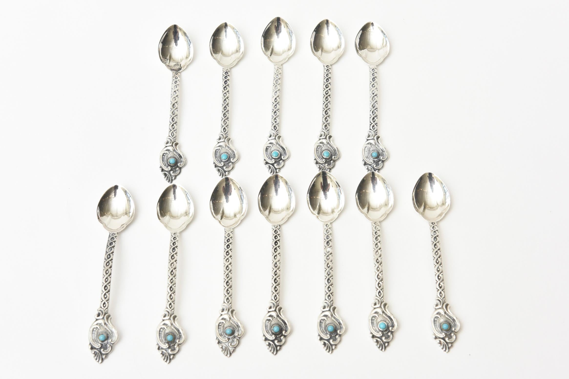 Modern Vintage Sterling Silver and Turquoise Demitasse and Serving Spoons Set Of 14  For Sale
