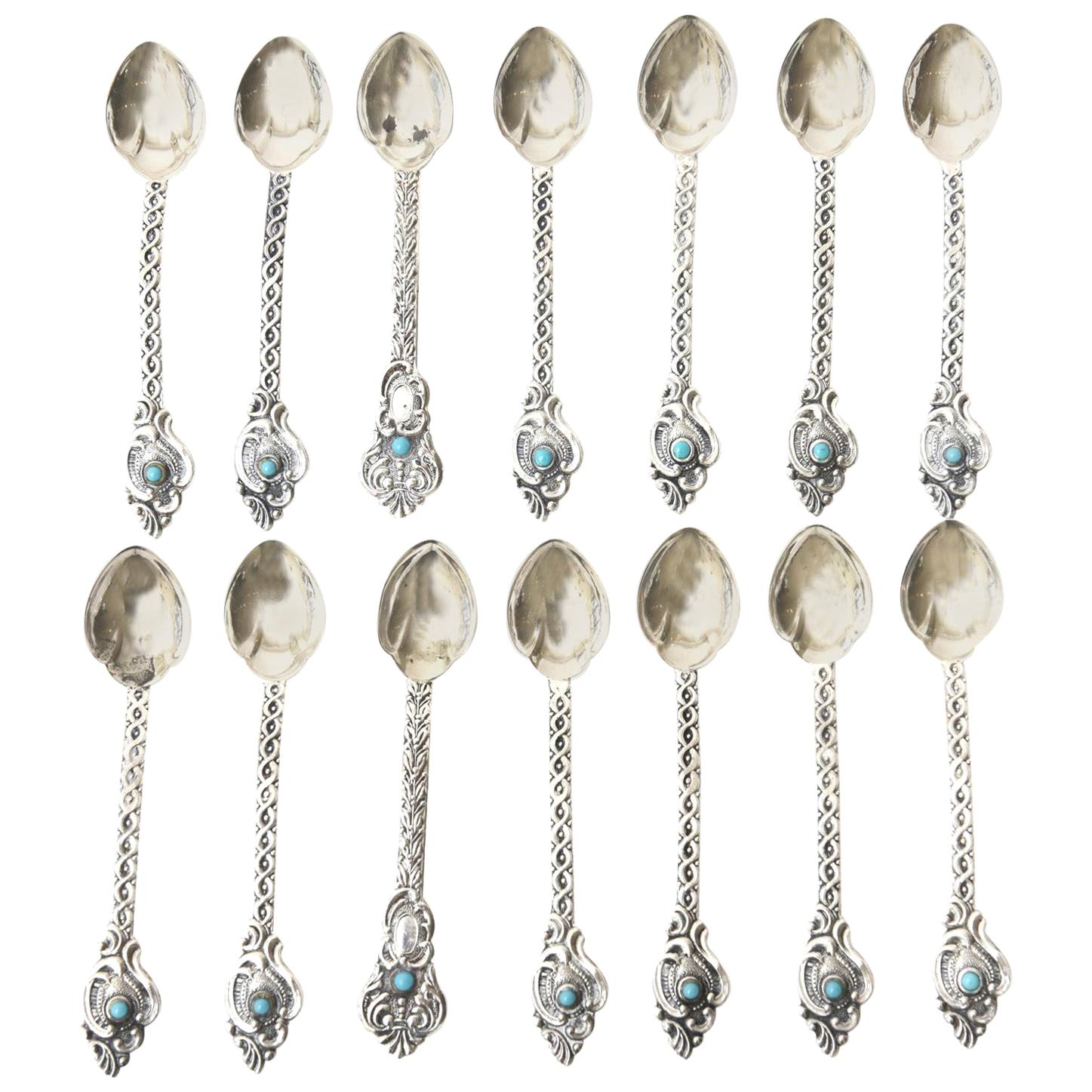 Vintage Sterling Silver and Turquoise Demitasse and Serving Spoons Set Of 14  For Sale