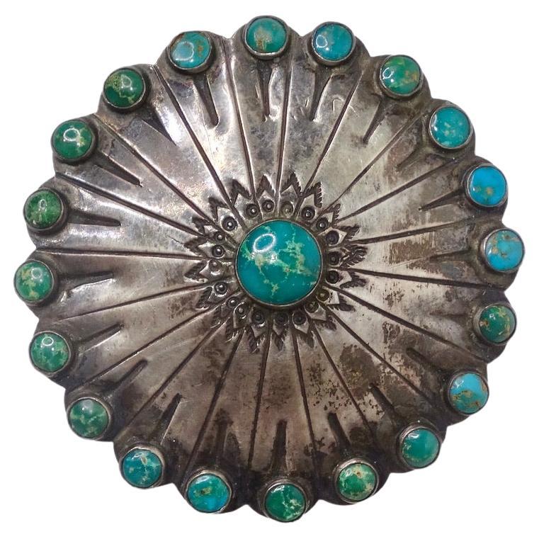 Sterling Silver and Turquoise Flower Brooch For Sale