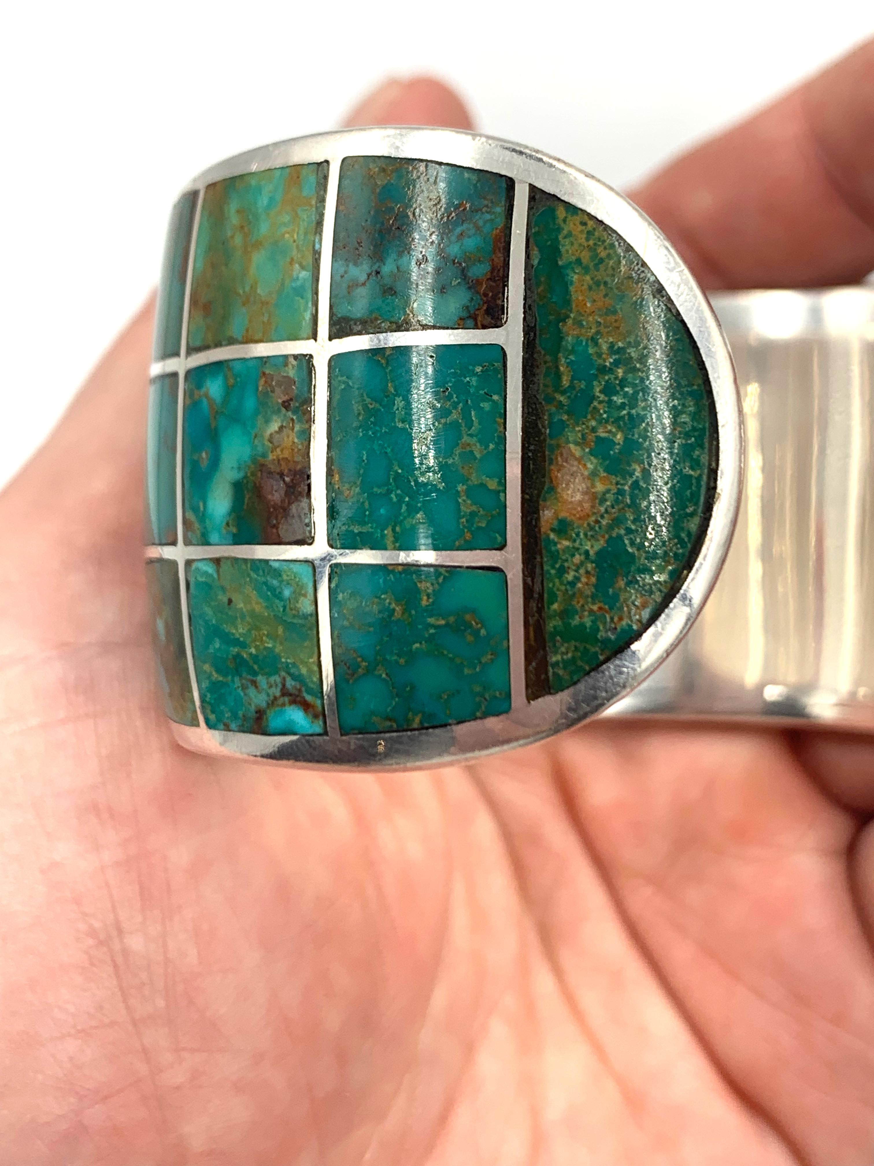 Sterling Silver and Turquoise Inlay Cuff by Jeanne & Felix Tsinijinnie For Sale 7