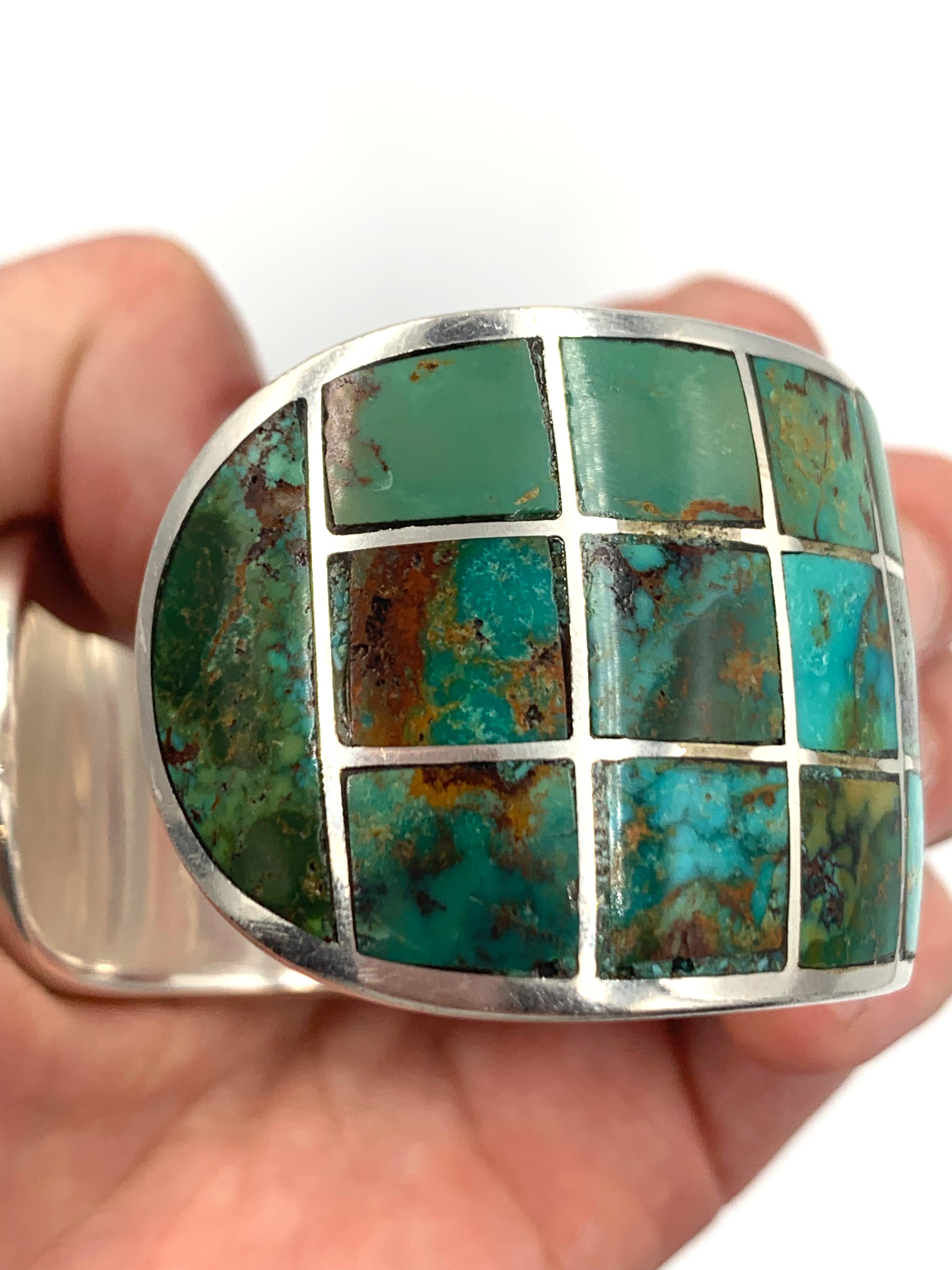 Sterling Silver and Turquoise Inlay Cuff by Jeanne & Felix Tsinijinnie For Sale 11