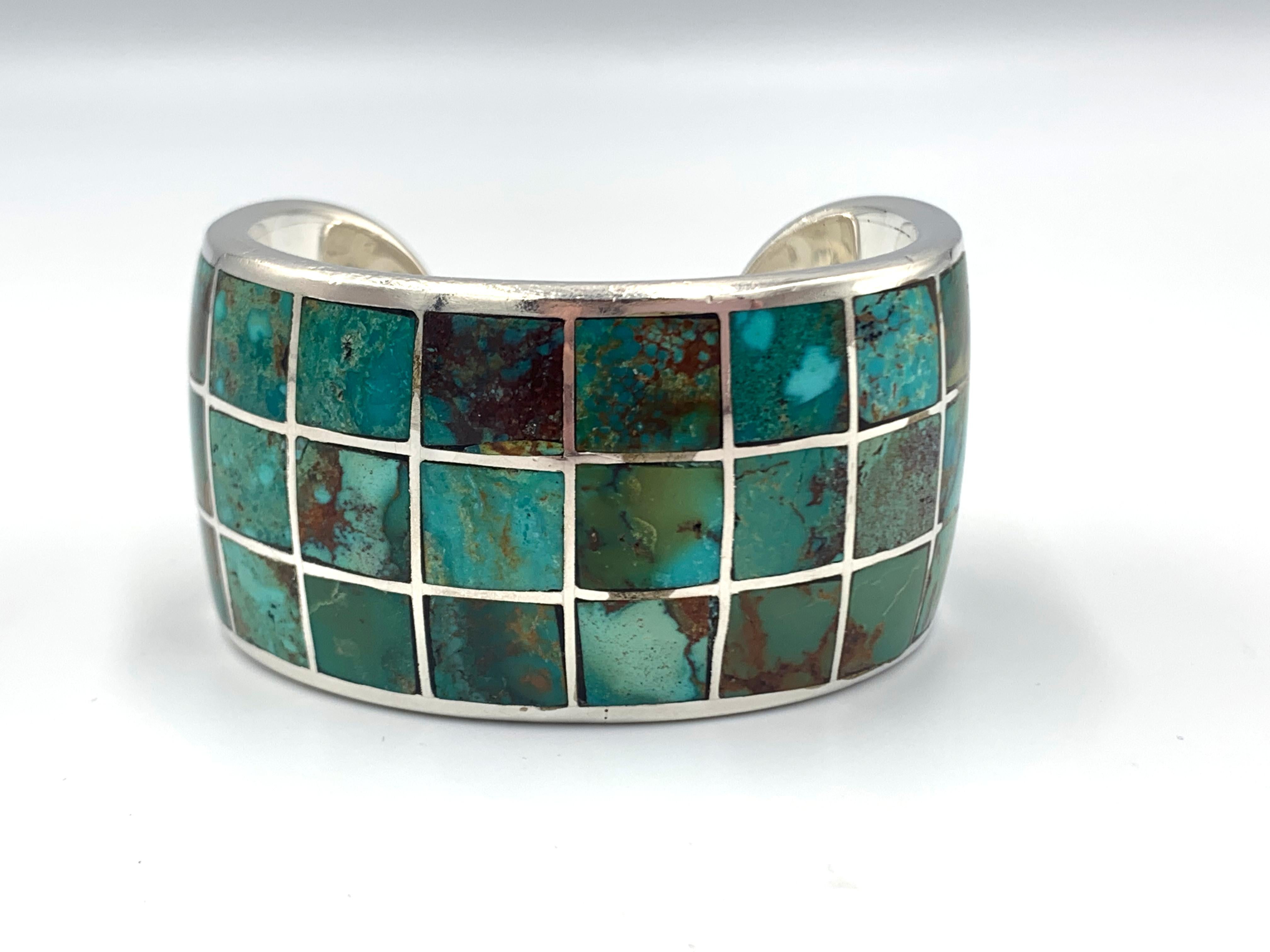 Native American Sterling Silver and Turquoise Inlay Cuff by Jeanne & Felix Tsinijinnie For Sale