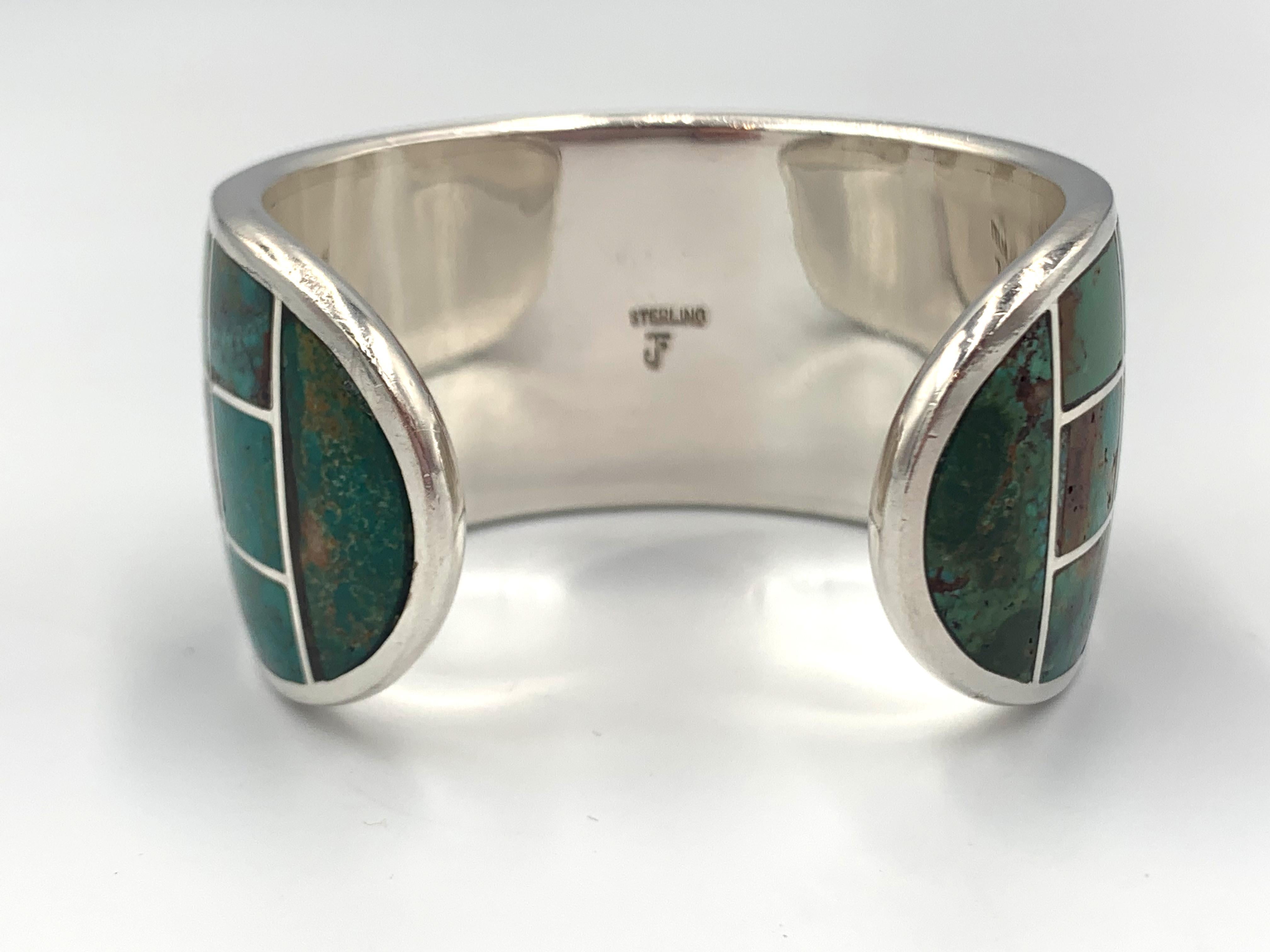 Women's or Men's Sterling Silver and Turquoise Inlay Cuff by Jeanne & Felix Tsinijinnie For Sale