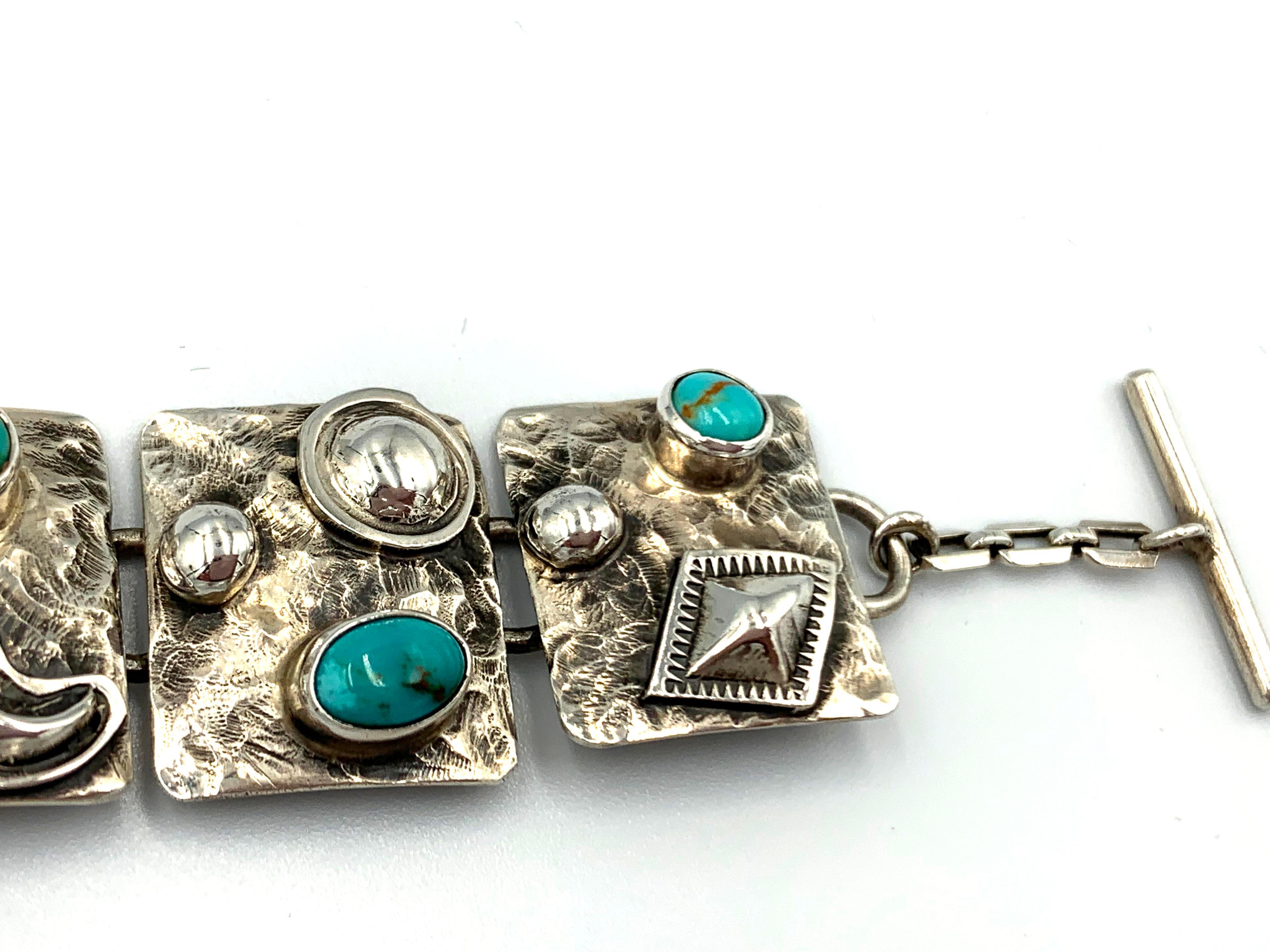 Amérindien Bracelet à maillons en argent sterling et turquoise de l'orfèvre Navajo Ronnie Willie en vente